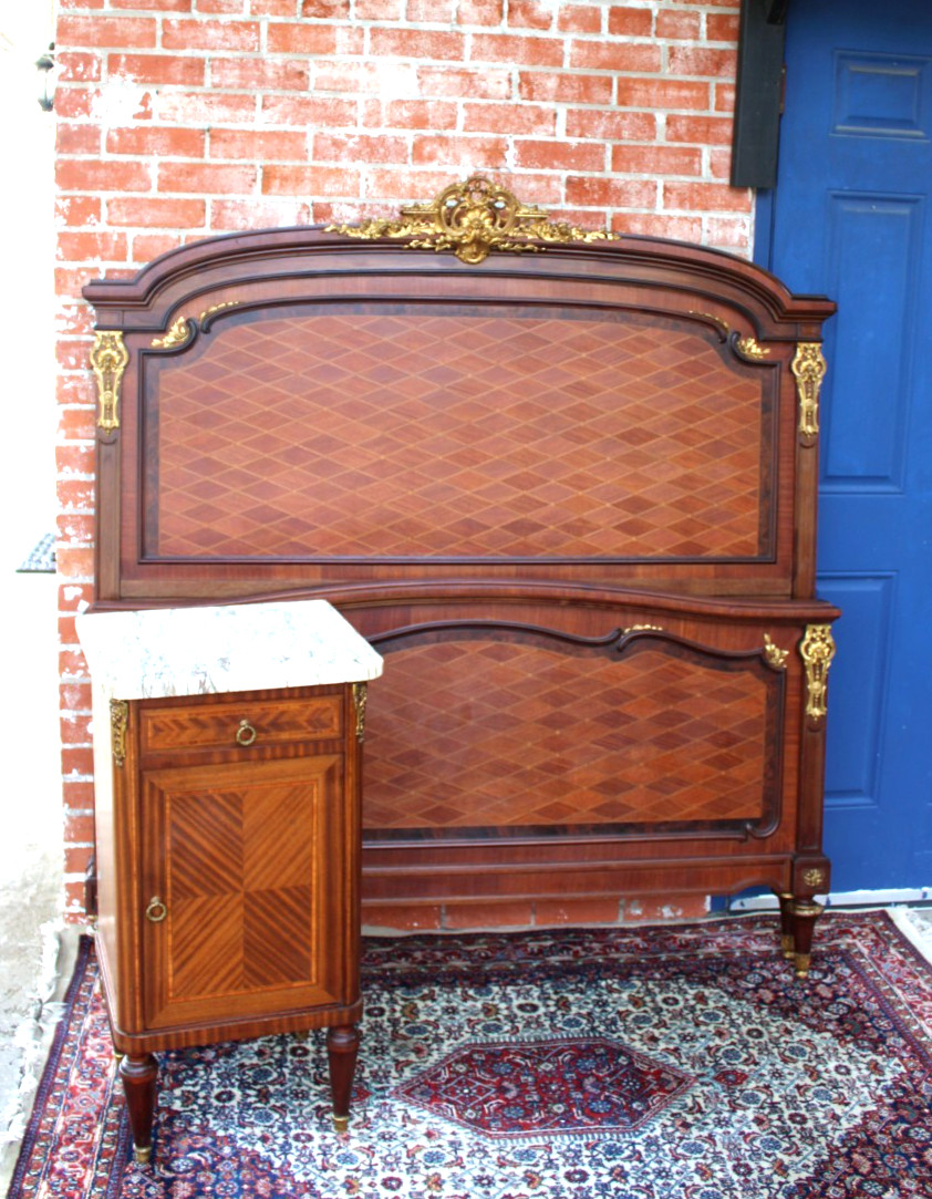 French Antique Louis XVI Parquetry Queen size Bed & Nightstand | Bedroom Set