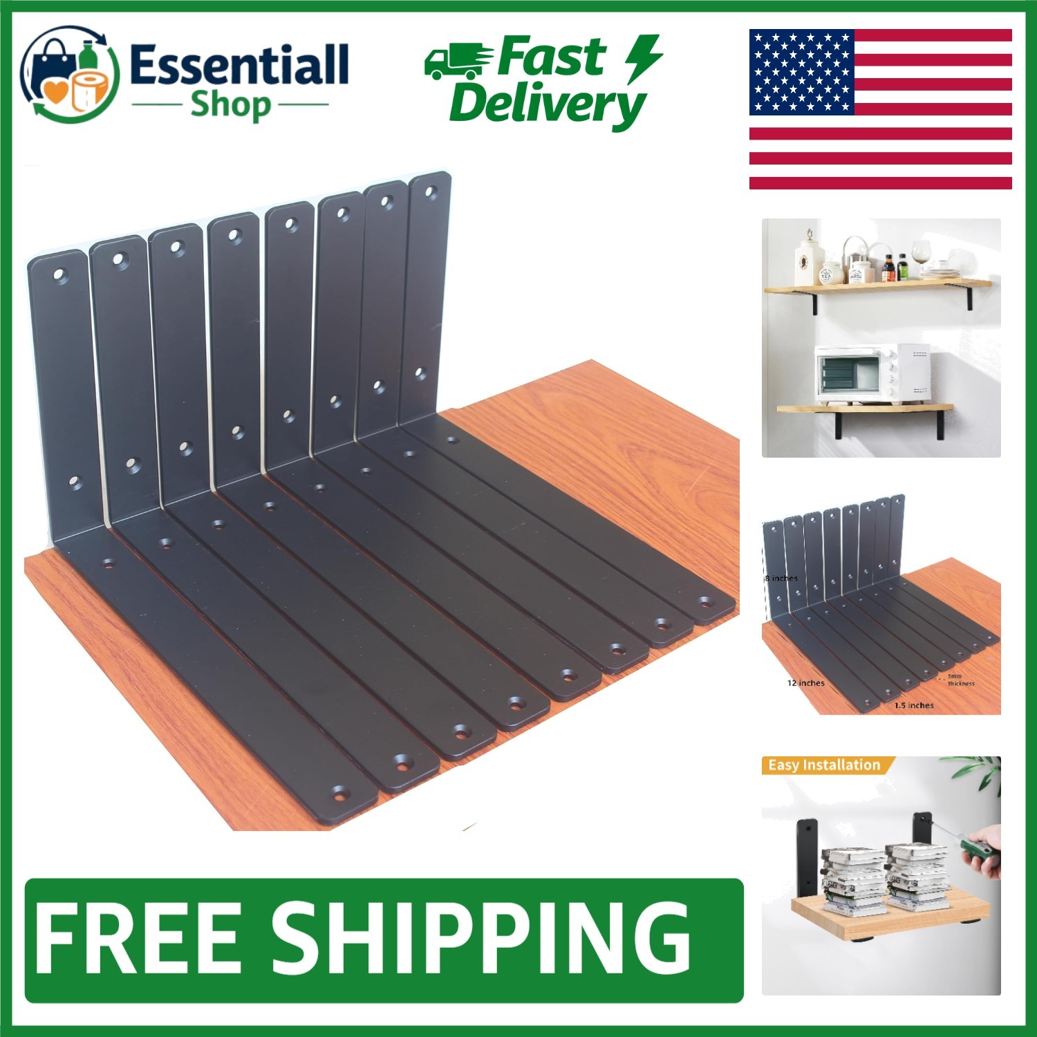 Versatile Floating Shelf Supports – 12″x8″ Black 8 Pack for Maximum Space Usage