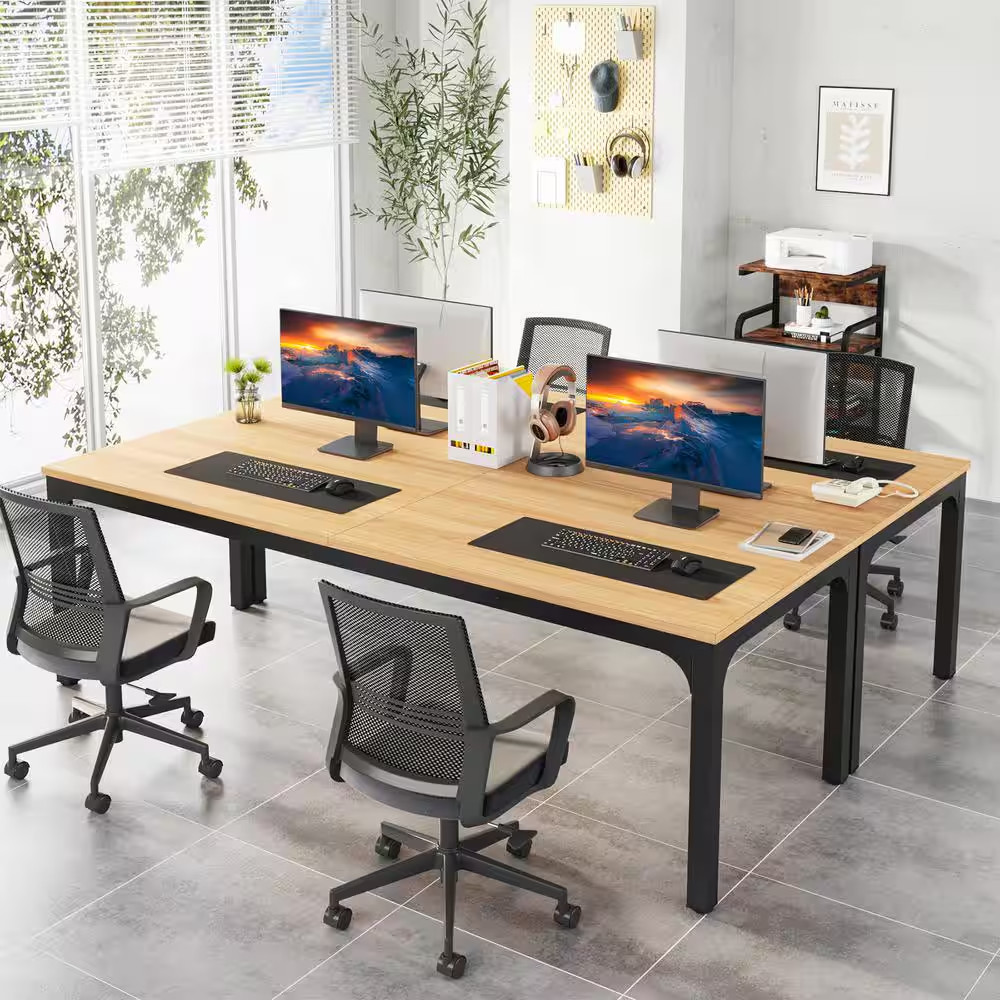 Moronia 78.7 In. Rectangular Light Walnut and Black Wood 2 Person Computer Desk