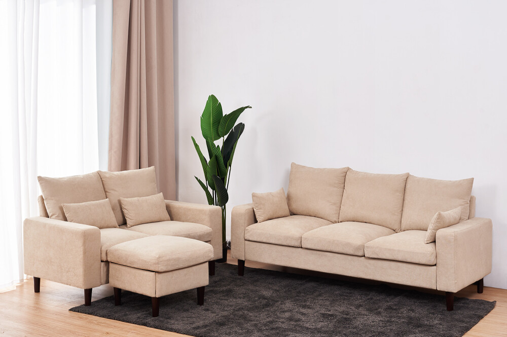 Linen Fabric 3 Seater with Ottoman Chaise L-Shaped Corner Sofa Couch Armchair
