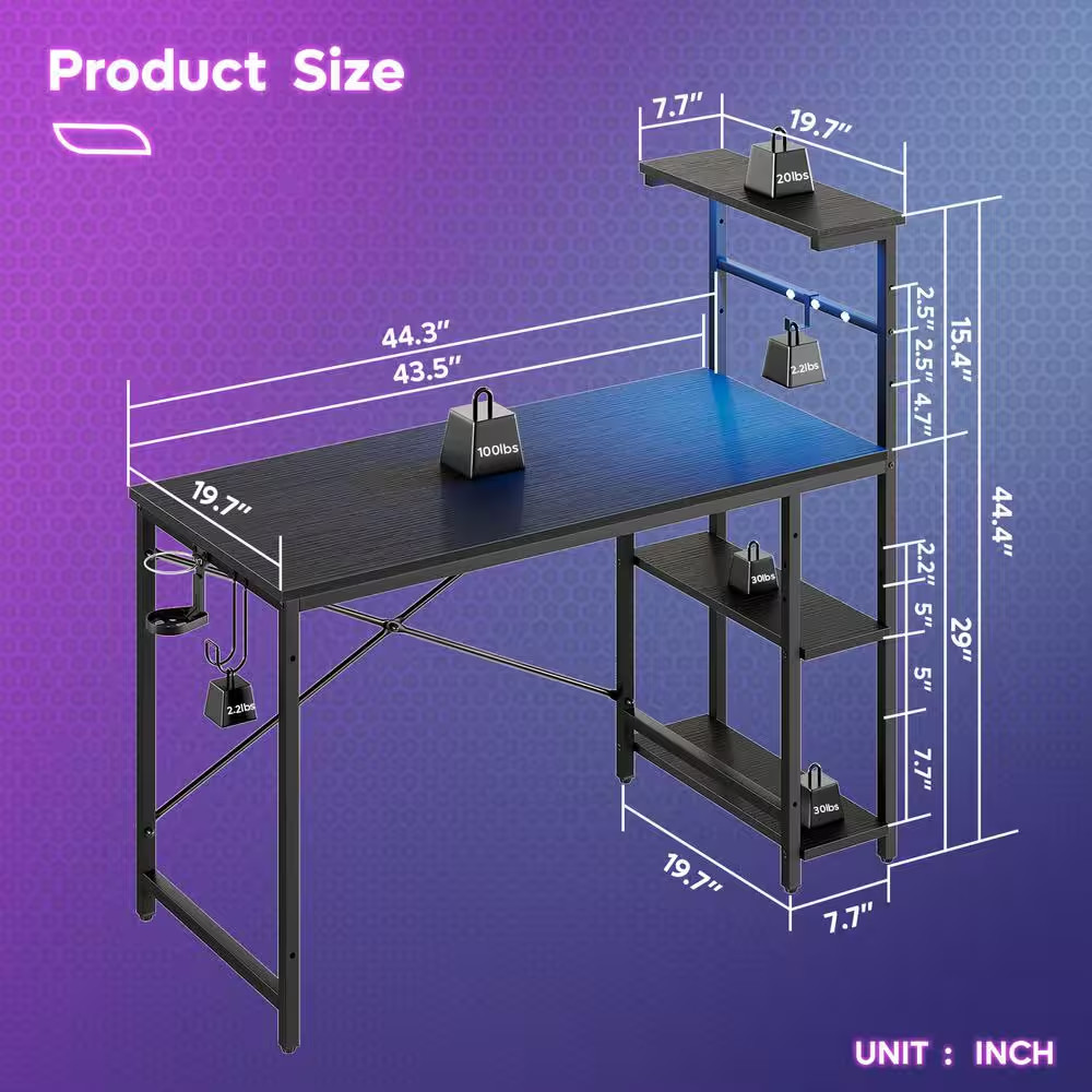 44 In. Rectangular Black Grained Gaming Desk with RGB LED Lights Computer Desk w