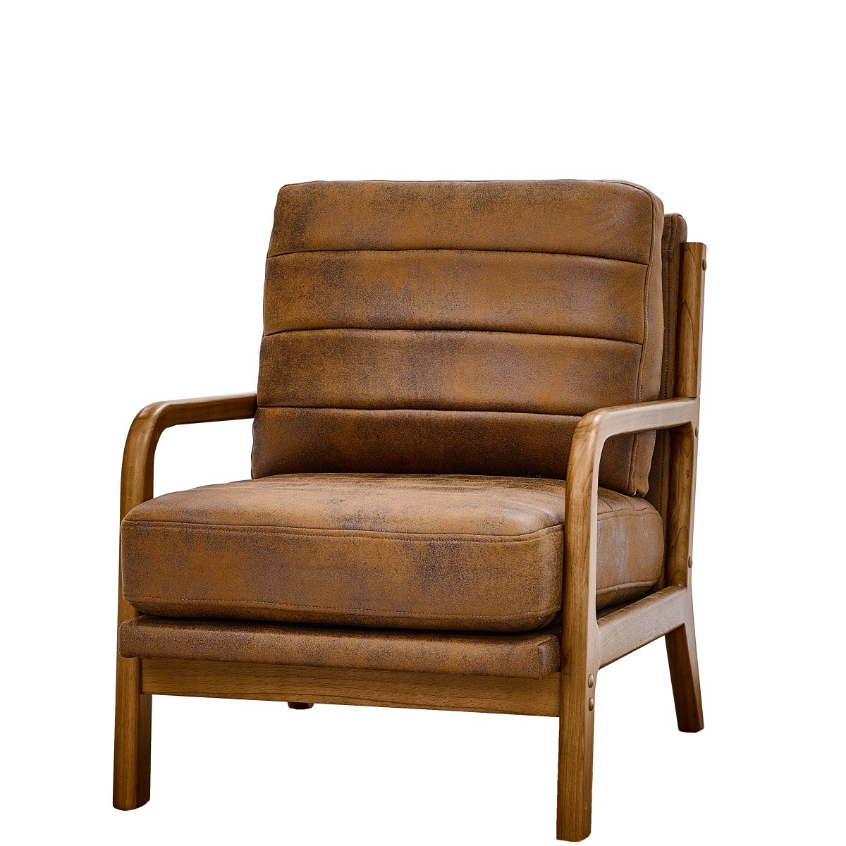 Mid-Century Modern Brown Arm Chair Foil Fabric Wood Armchair