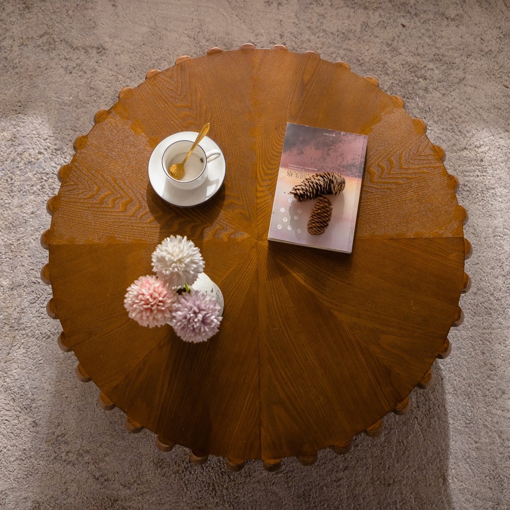 Ribbed Wave Round Coffee Table – Solid Wood & MDF Mid-Century Center Table
