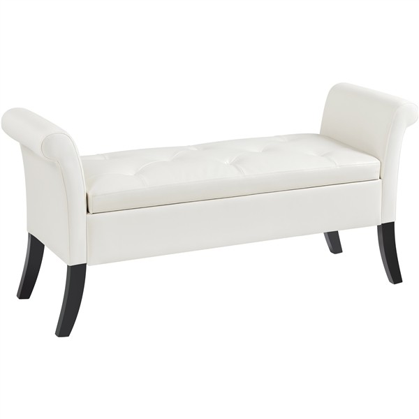 Faux Leather Upholstered Vintage Bench with Rolled Armrests and legs, White,Used