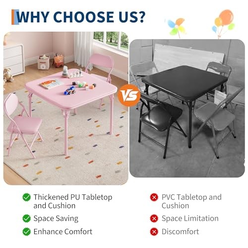 GAOMON 3 Piece Set Folding Table and Chairs Set, Boys 3 Piece Set(square) Pink