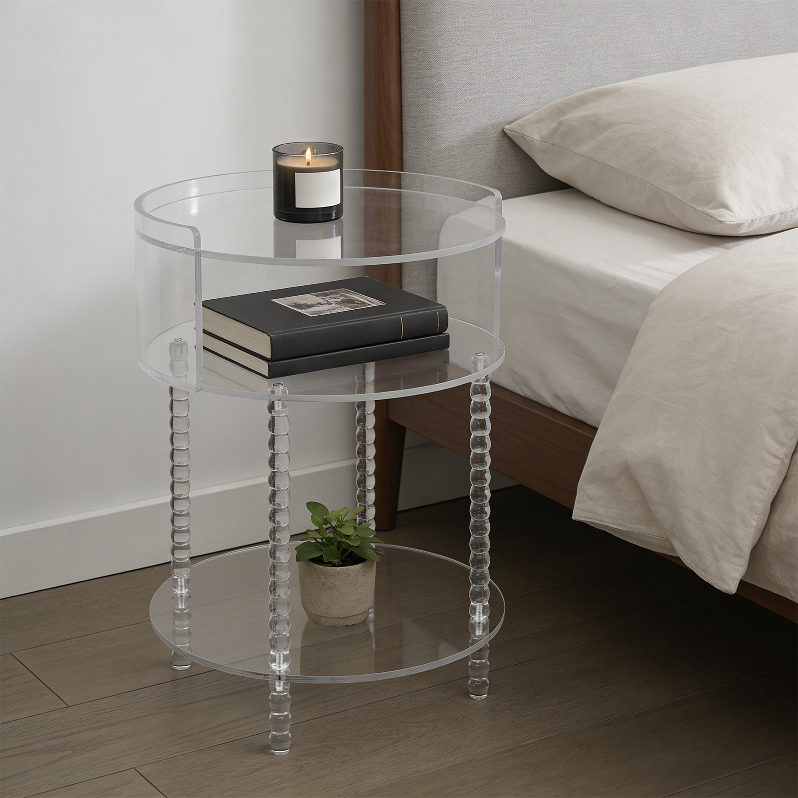 44lbs 3-tier Shelf Acrylic Side Table With Rounded Silhouette And Beaded Legs