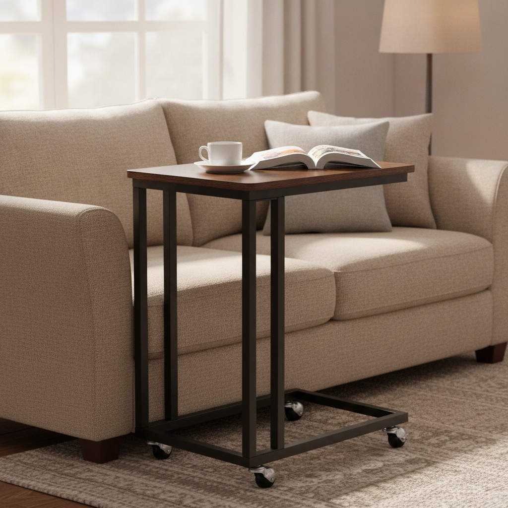 Industrial C-Shaped End Table with Metal Frame and Rolling Casters, 19.7×13.8