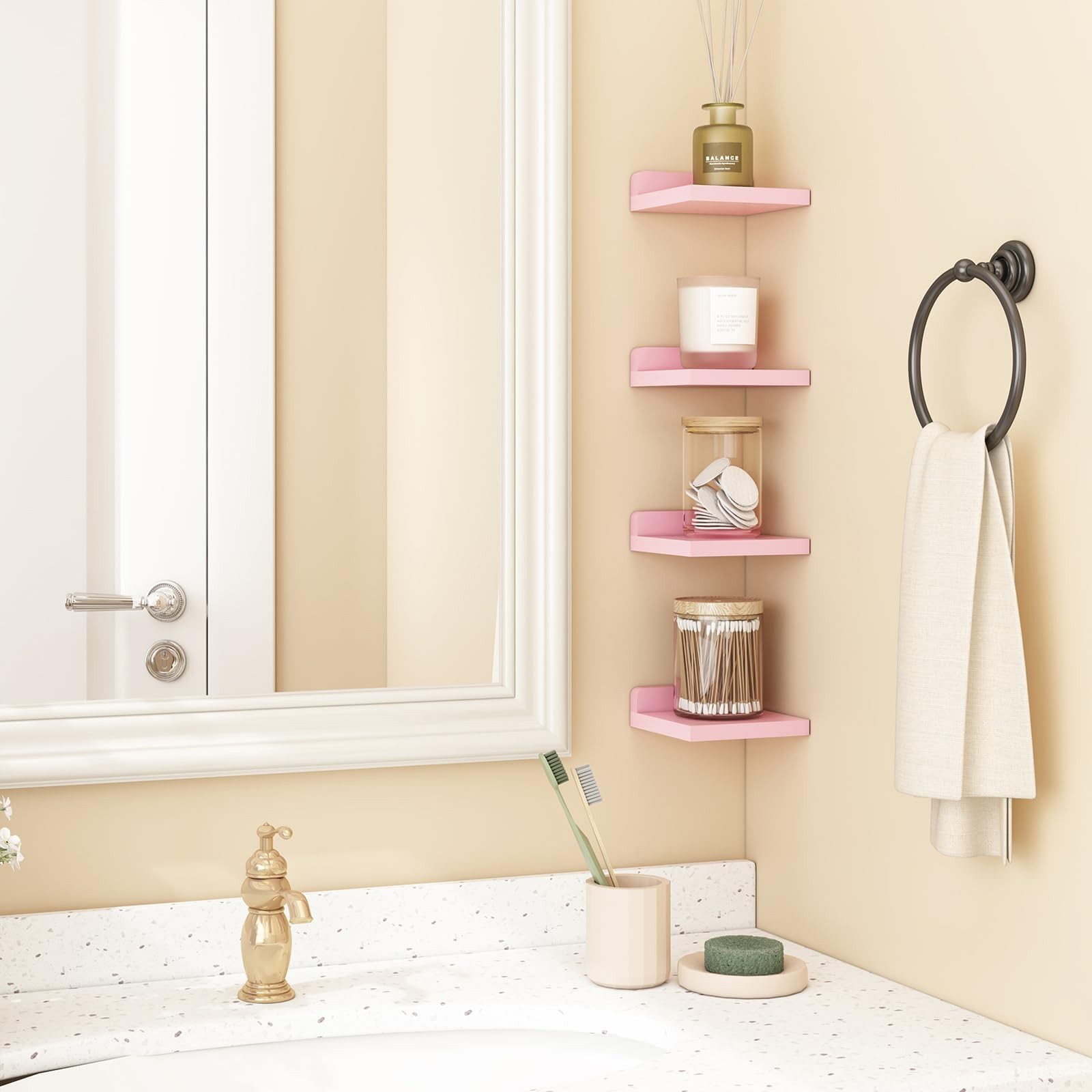 Fixwal Pink Shelves, 5×5 Inches Small Wall Shelf Set of 4, Rustic Wood