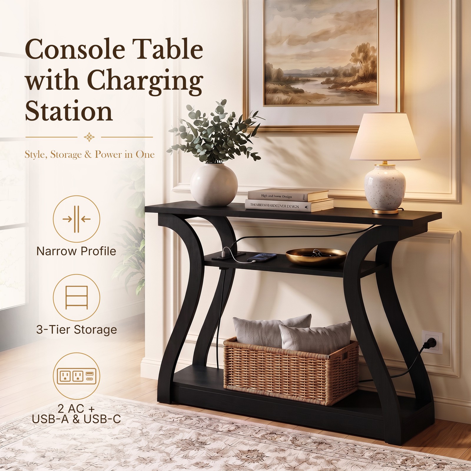 Home Decor Console Table 3 Tier Shelf w/ Power Charging Station Furniture Black