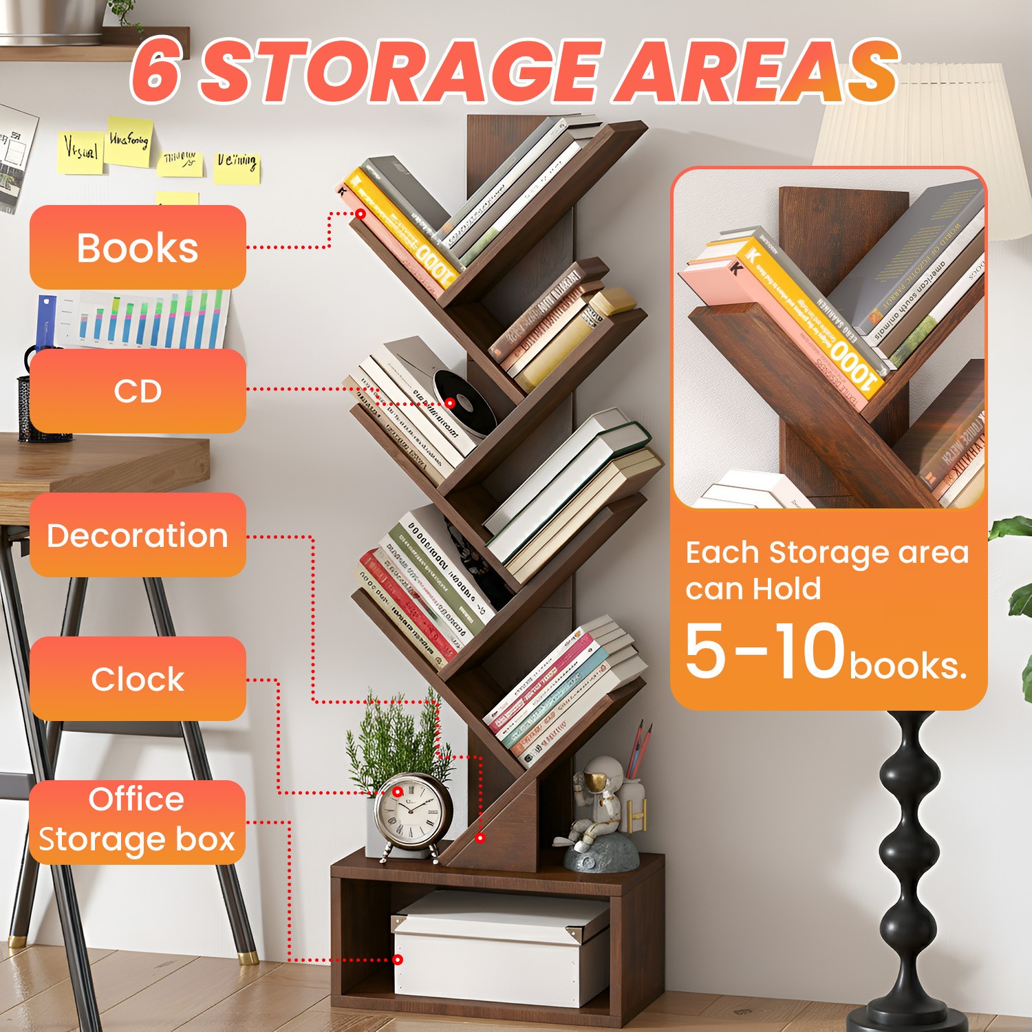 7 Tier Tree Bookshelf, Rustic Brown Floor Standing Bookcase with Storage Cabinet