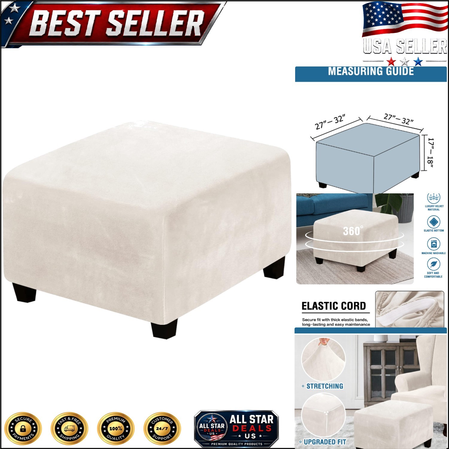 Luxurious Ivory Velvet Ottoman Slipcover – Stretch Fit for Square Footstools