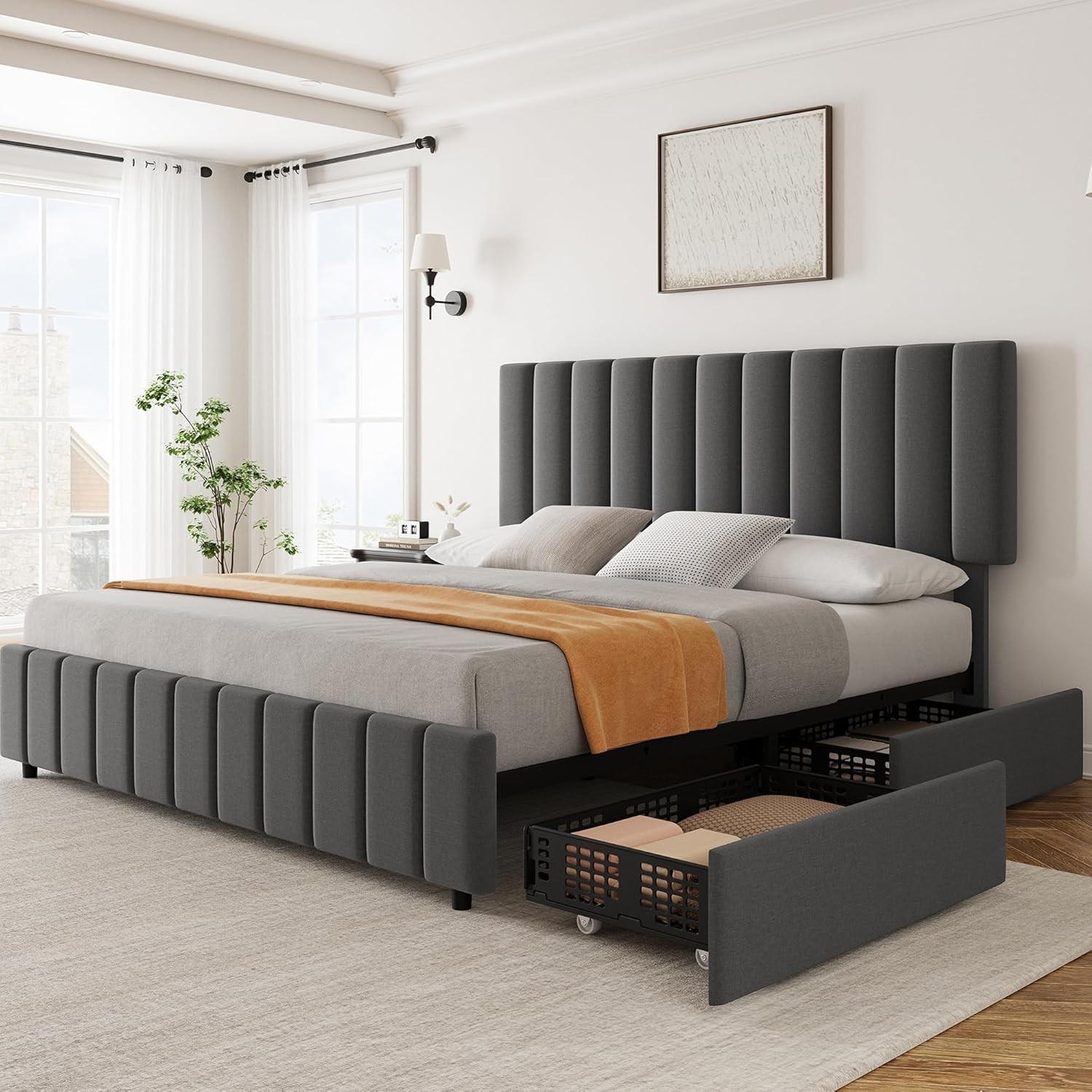 Queen Size Bed Frame with 4 Storage Drawers, Adjustable Height Headboard Grey