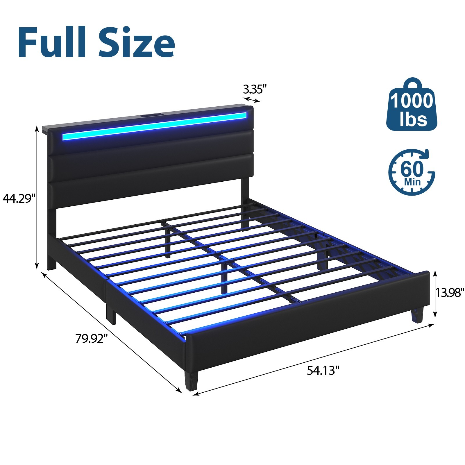 Full/Queen Smart LED Bed Frame – Soft Padded, Charging Station & Storage Shelf.
