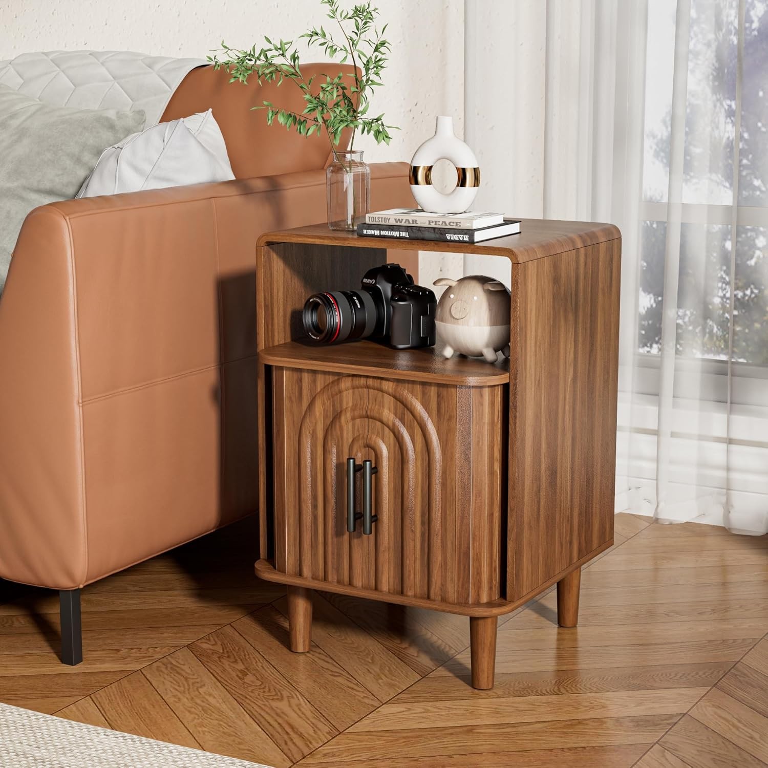 Nightstand Set of 2, Small Bedside Table with Door, Fluted Side Table