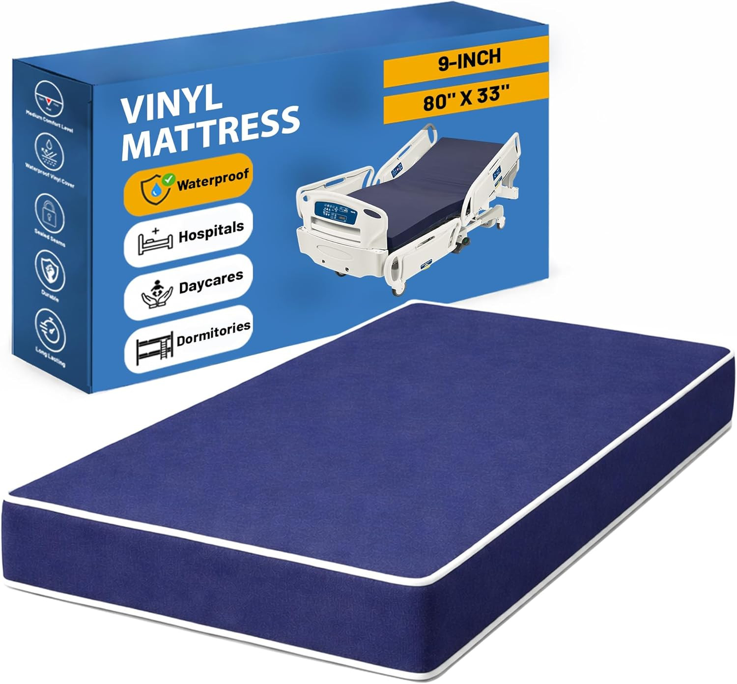 9-Inch Medium Firm Waterproof Foam Mattress for Hospital & Camp, 80″ X 33