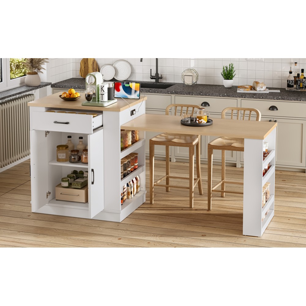Extendable island console with drawers double door cabinet and open shelving
