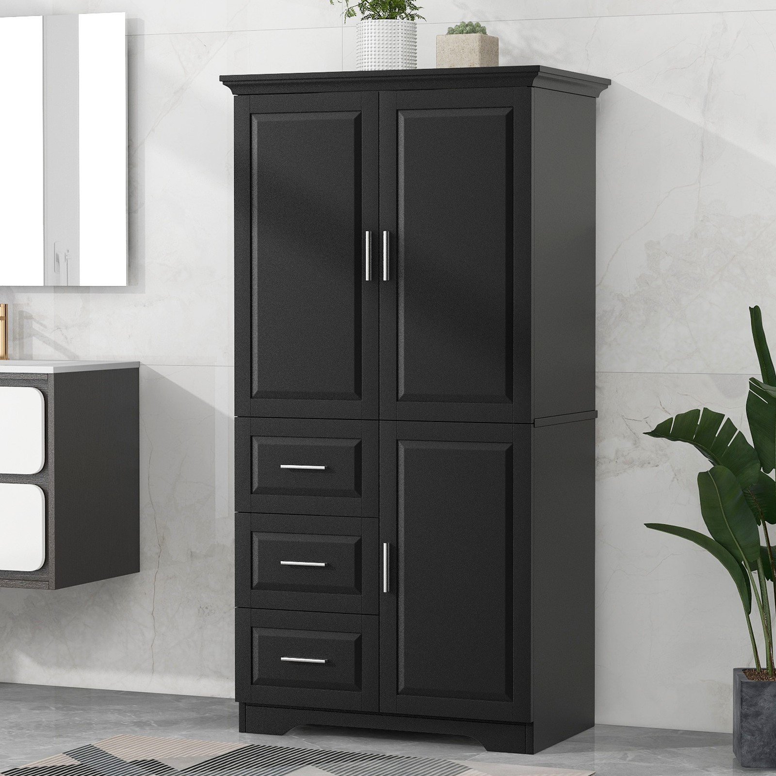 62.2 In Storage Cabinet with 3 Doors 3 Drawers Kichen Cabinet For Bathroom Black