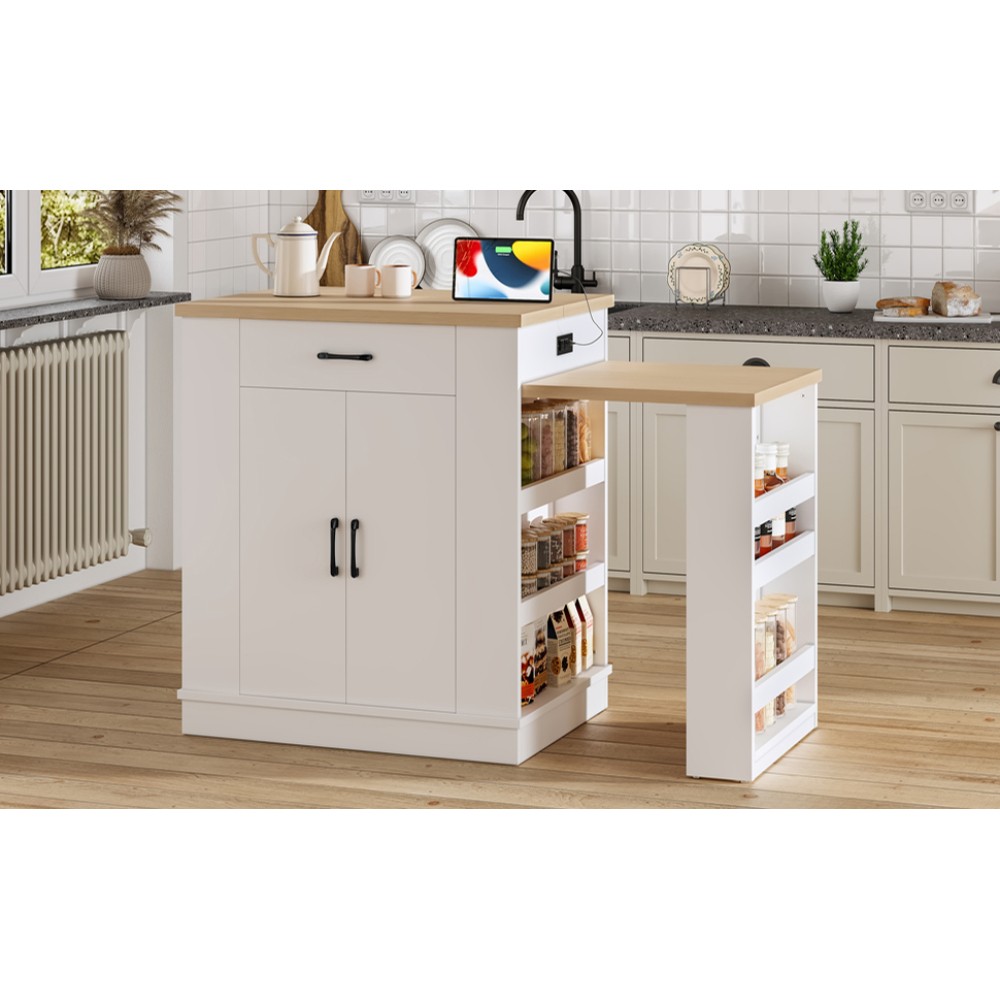 Extendable island console with drawers double door cabinet and open shelving