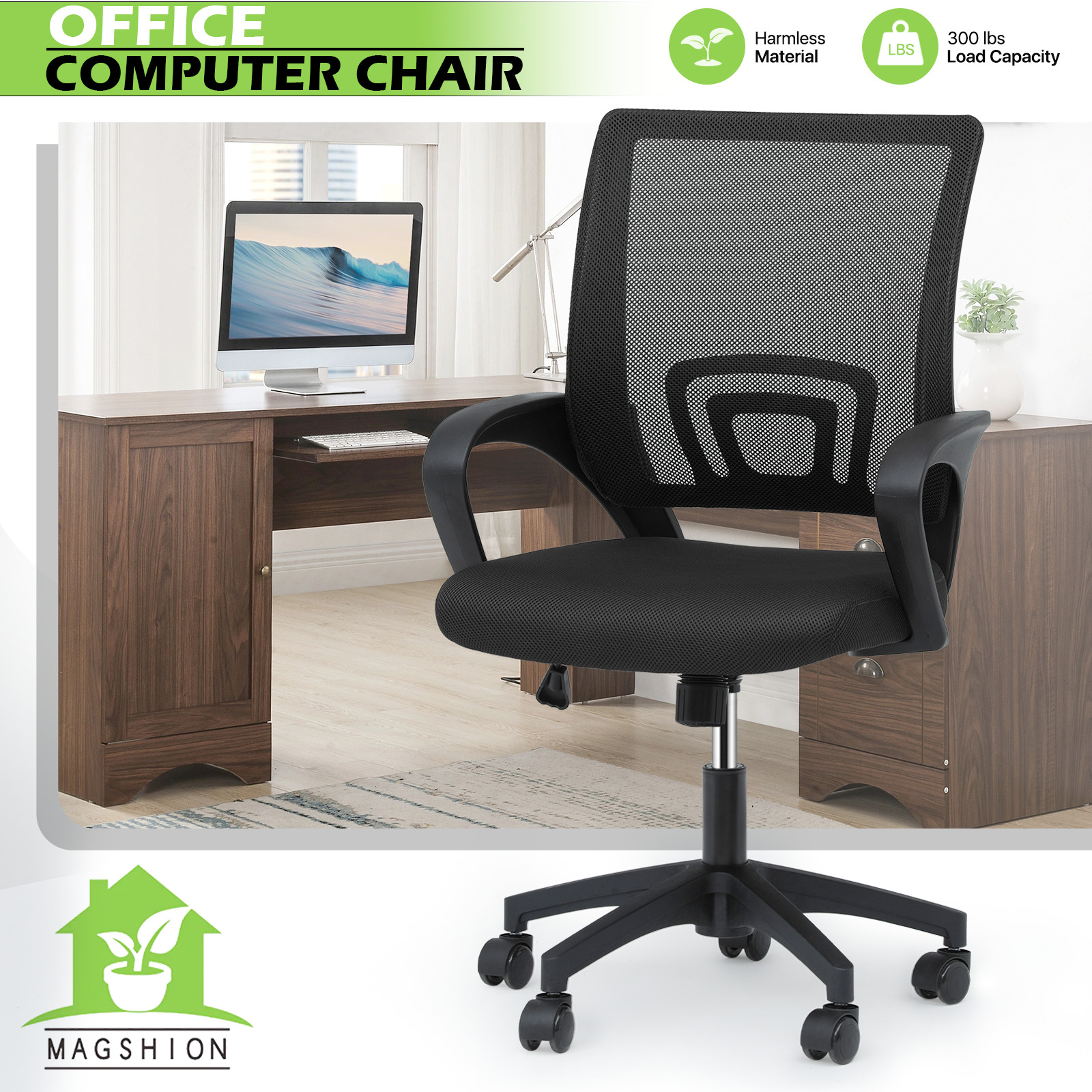 Rolling Computer Chair[PURE BLACK]Breathable Mesh Meeting Room Home Office Seat