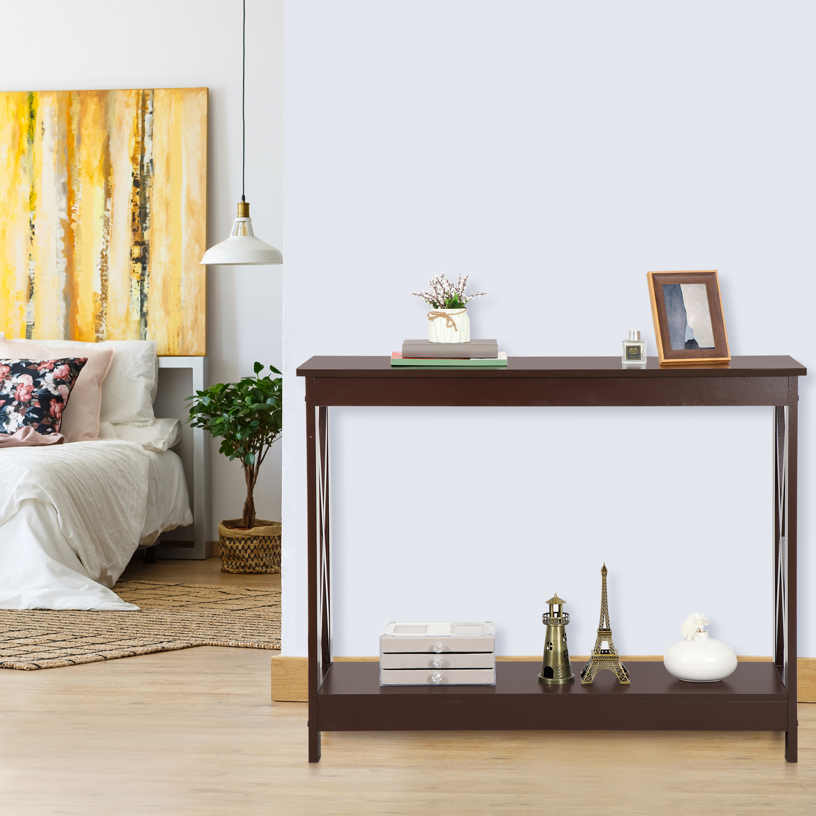 Console Table Entryway Table Narrow Sofa Side Table with 2-Tier Shelves Brown