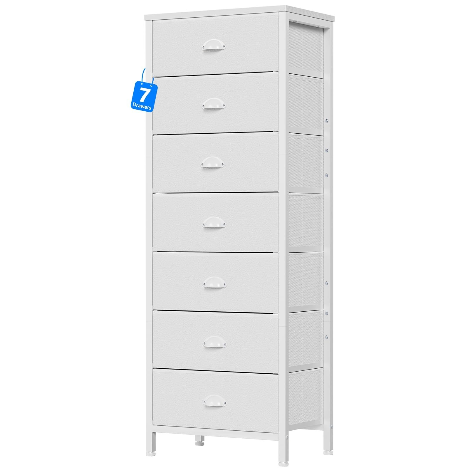 Tall White Dresser with 7 Drawers, Fabric Storage Chest, Vertical Bedroom Furnit