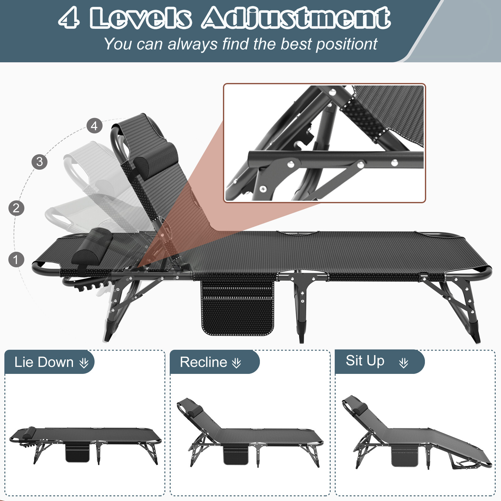 4Position Adjustable Camping Bed Padded Cot Folding Recliner Zero Gravity Chair