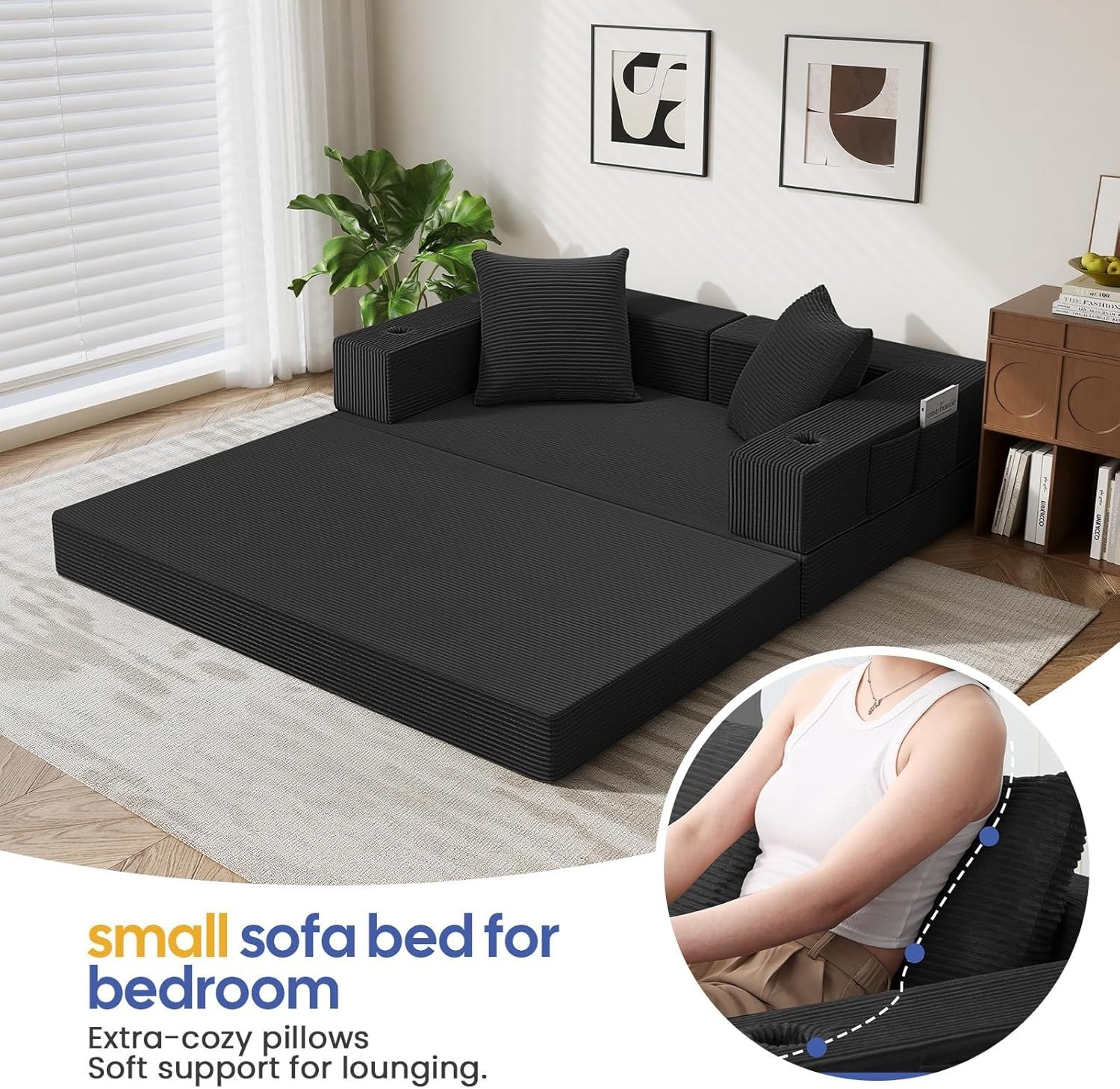 Futon Sofa Bed, 4‑in‑1 Convertible Sofa Bed, Folding Boneless Couches for Liv…