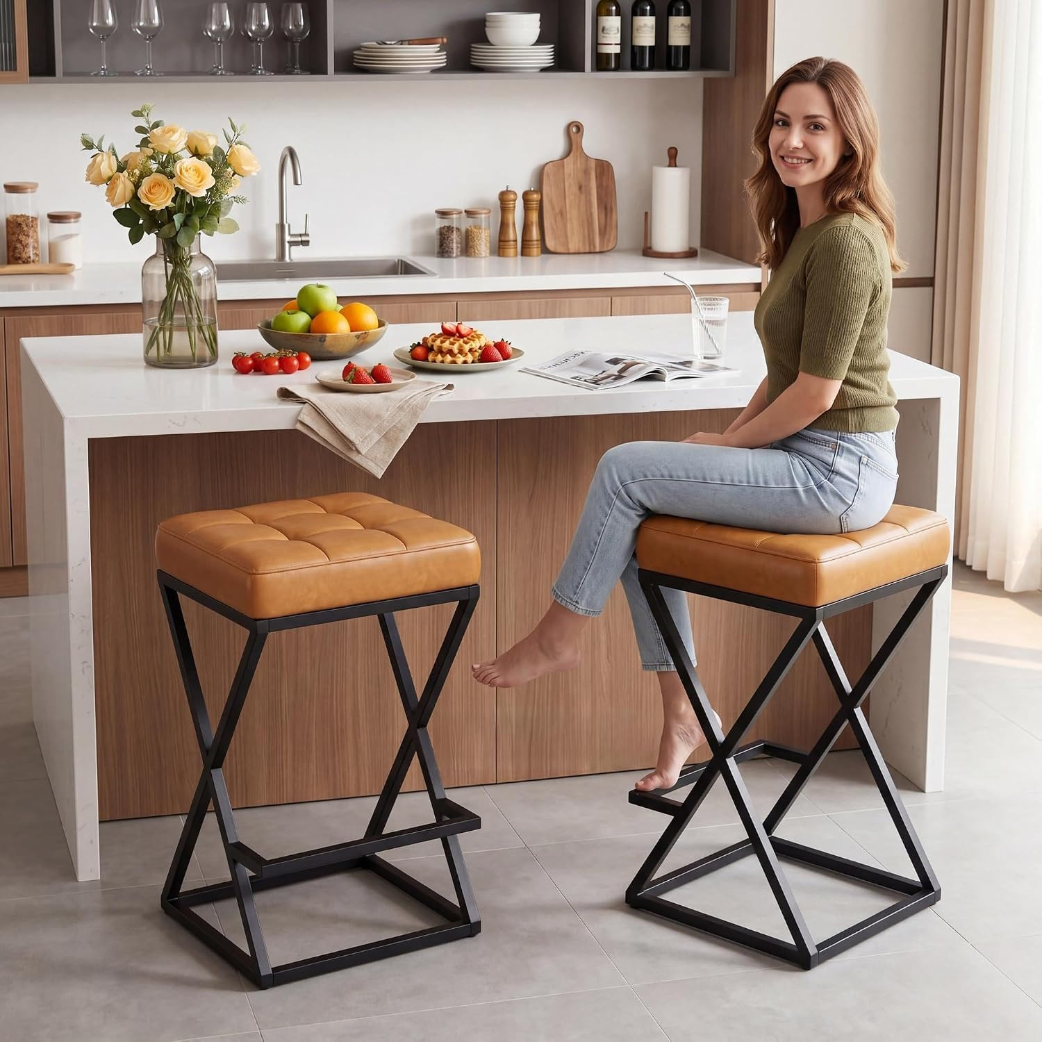Set of 2 Backless 26″ Industrial Metal Bar Stools with Faux Leather Seat
