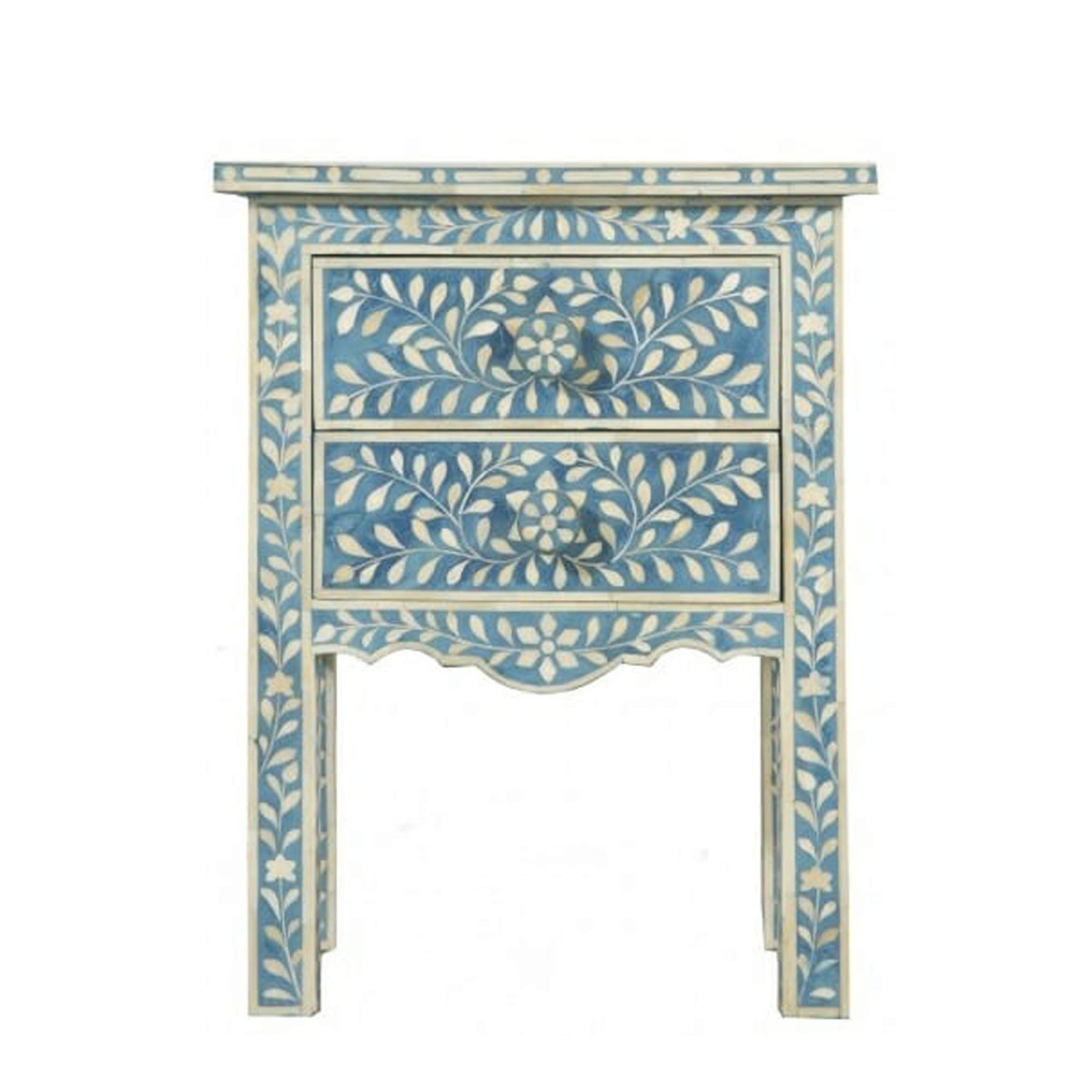 Blue Bone Inlay Nightstand Bedside End Table Boho Moroccan Handmade India