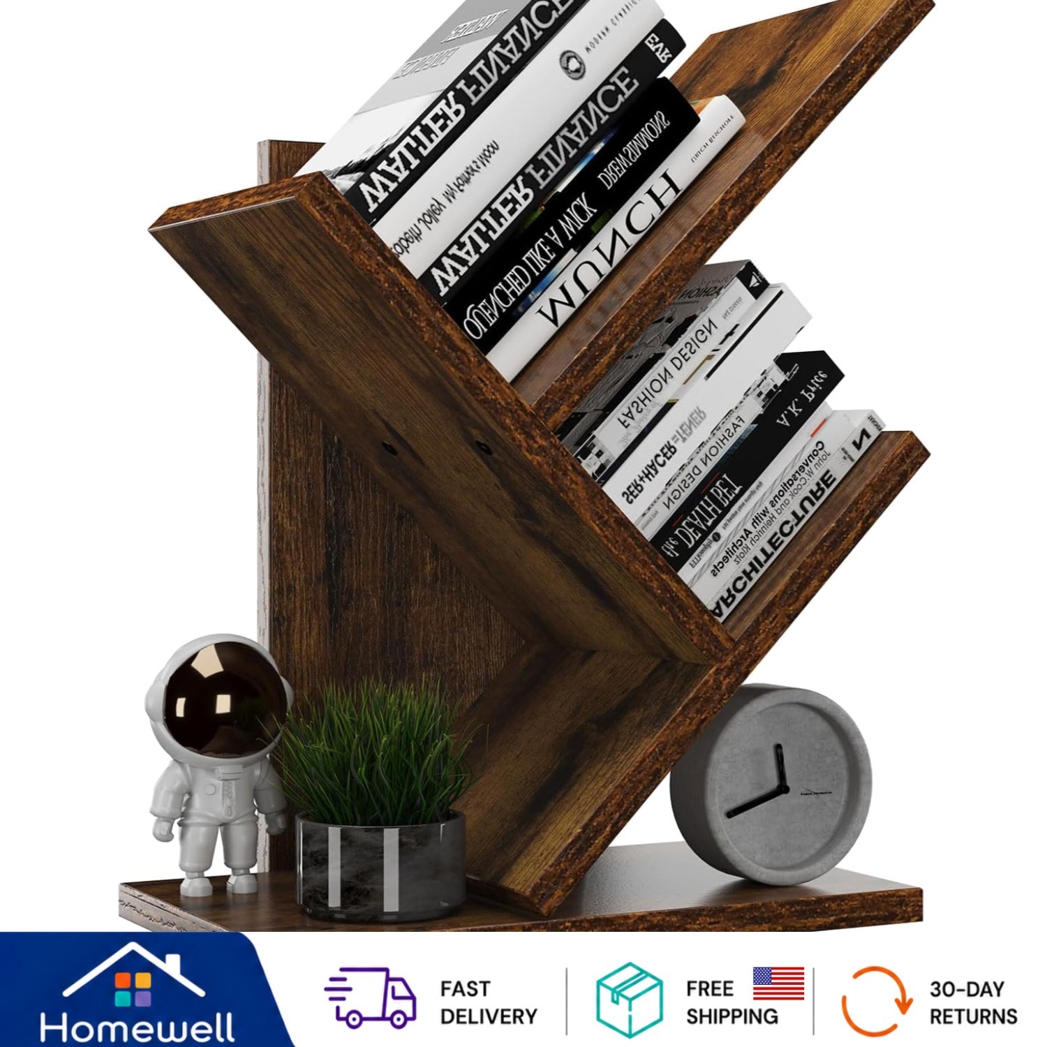 Modern 2-Tier Bookshelf in Rustic Brown – Sturdy Tree Design for Stylish Spaces