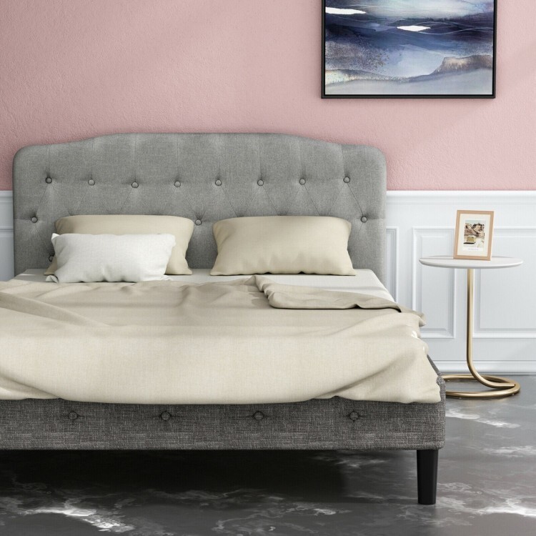 Queen Size Modern Upholstered Tufted Headboard Bed Adjustable Height Light Gray