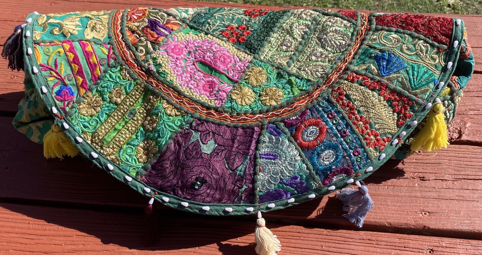 Boho Bohemian Moroccan Handmade Fringe Footstool Cover Green Patchwork NEW