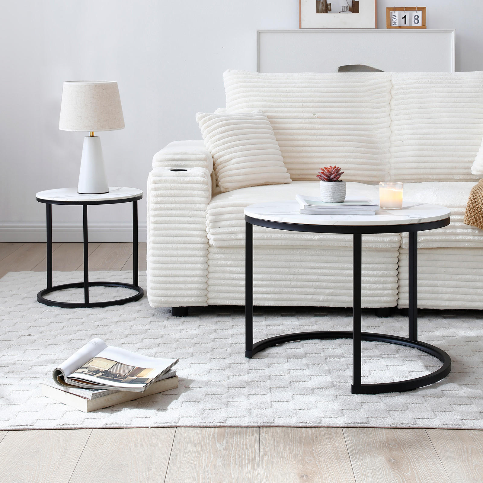 Nesting Round Coffee Table Set with White Gray Marble Top and Black Metal Frame