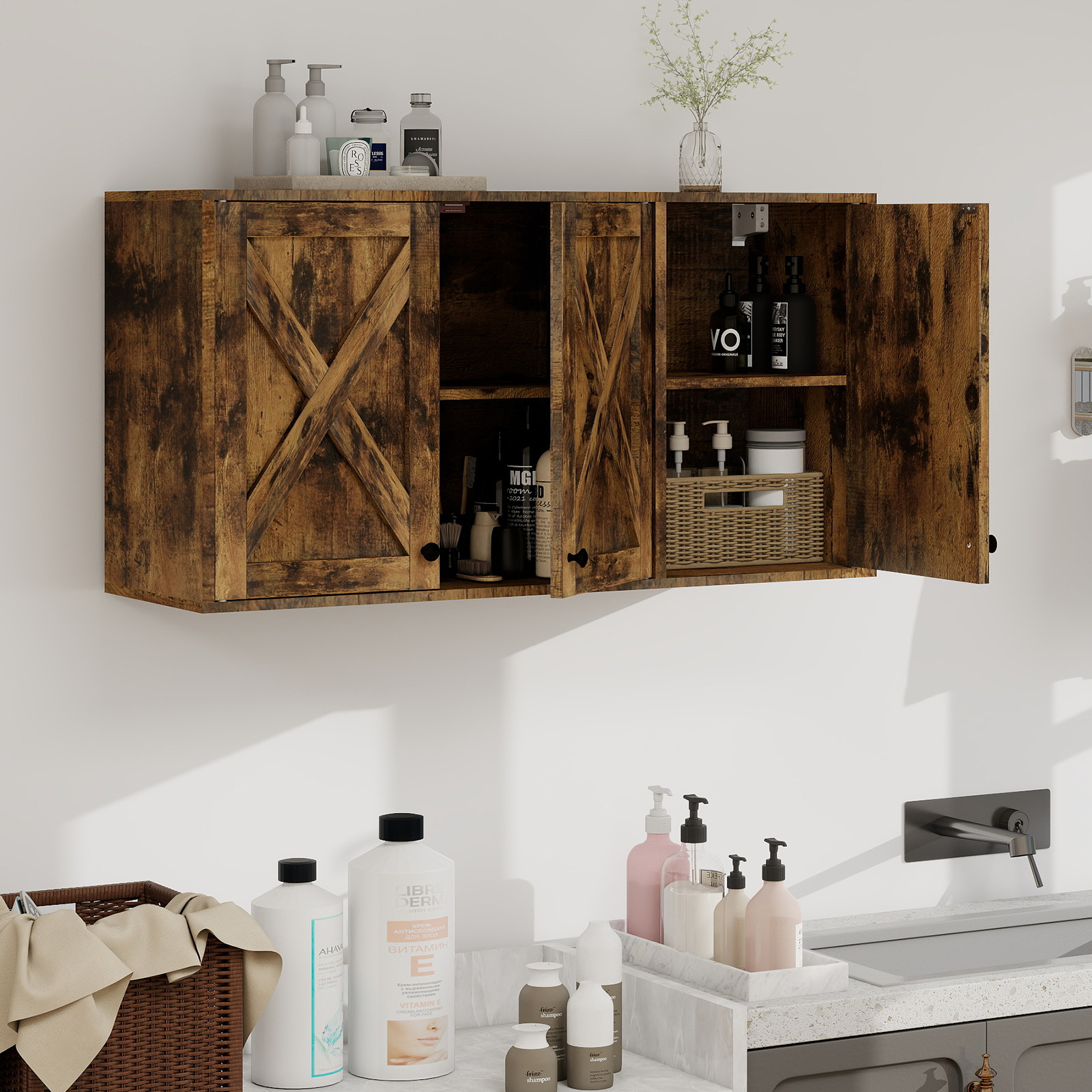 36″ 3-Door Wall Cabinet – Storage Organizer for Bathroom, Laundry Room, Kitchen