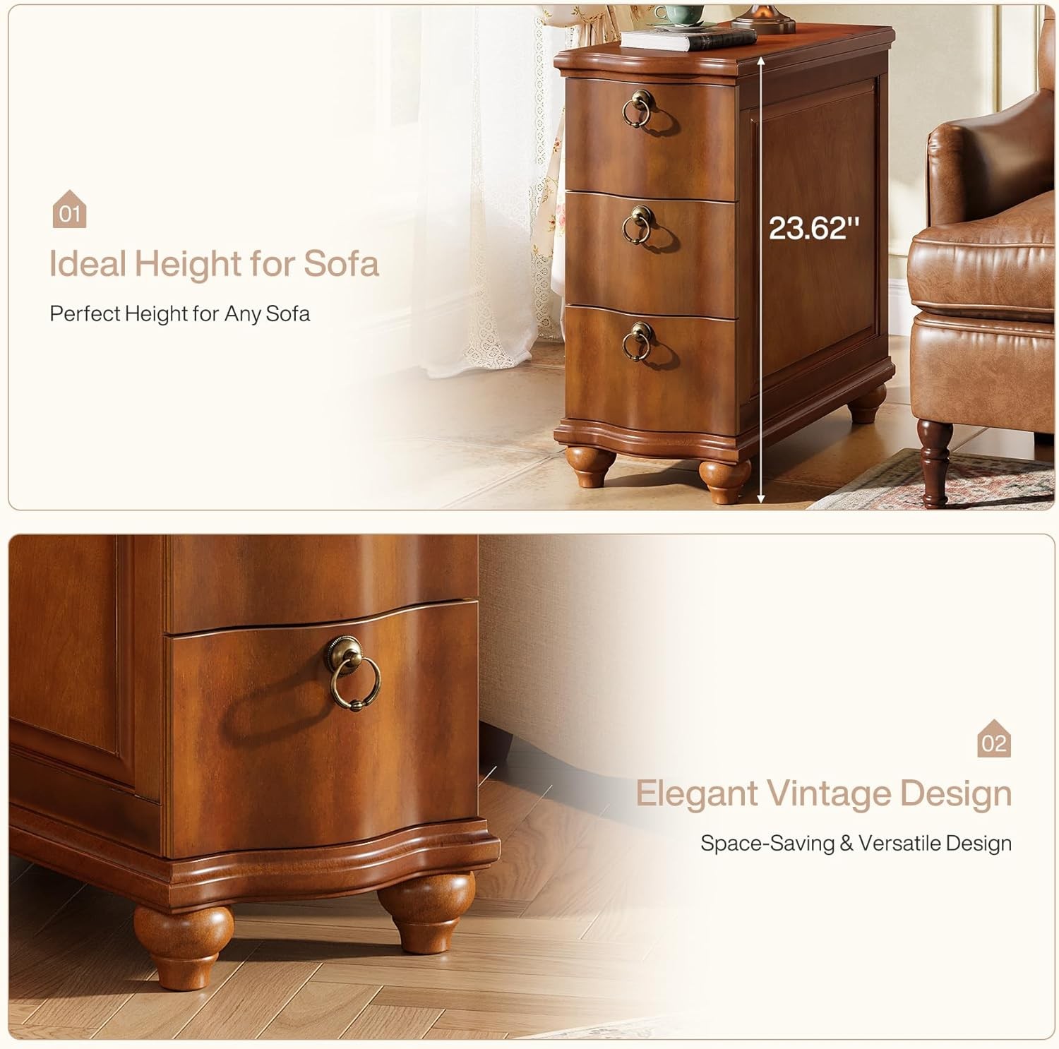 Wood Fully Assembled End Table, 3-Drawers Narrow Slim Side Table for Living Room