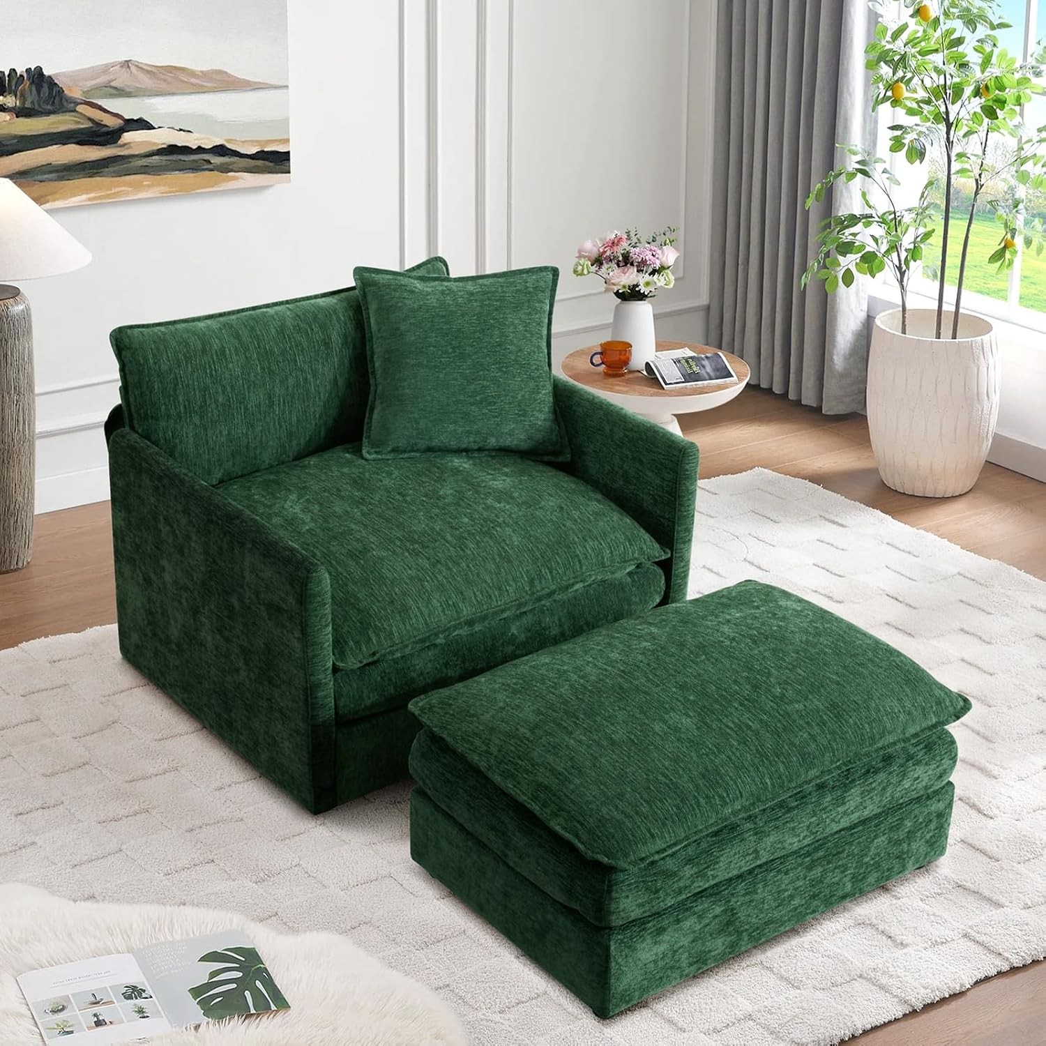 Oversized Chenille Accent Armchair with Ottoman Comfy Lounge Sofa