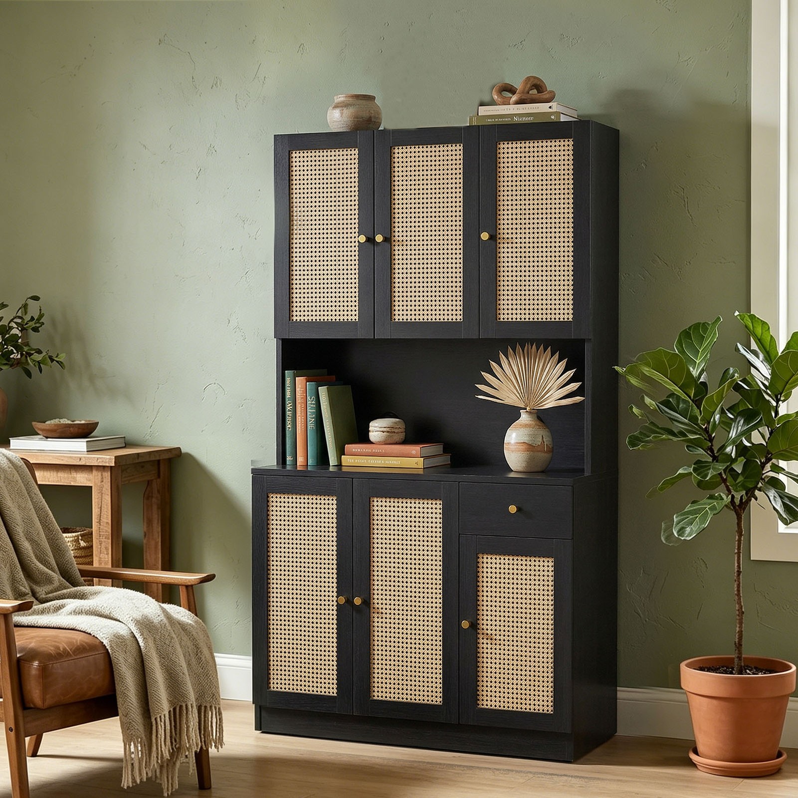 70.9In Black Tall Storage Cabinet Anti-Deform Wood Frame Large Storage Organizer
