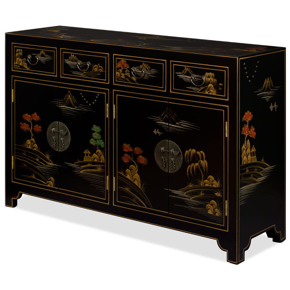 US SELLER – Black Lacquer Chinoiserie Scenery Motif Oriental Sideboard