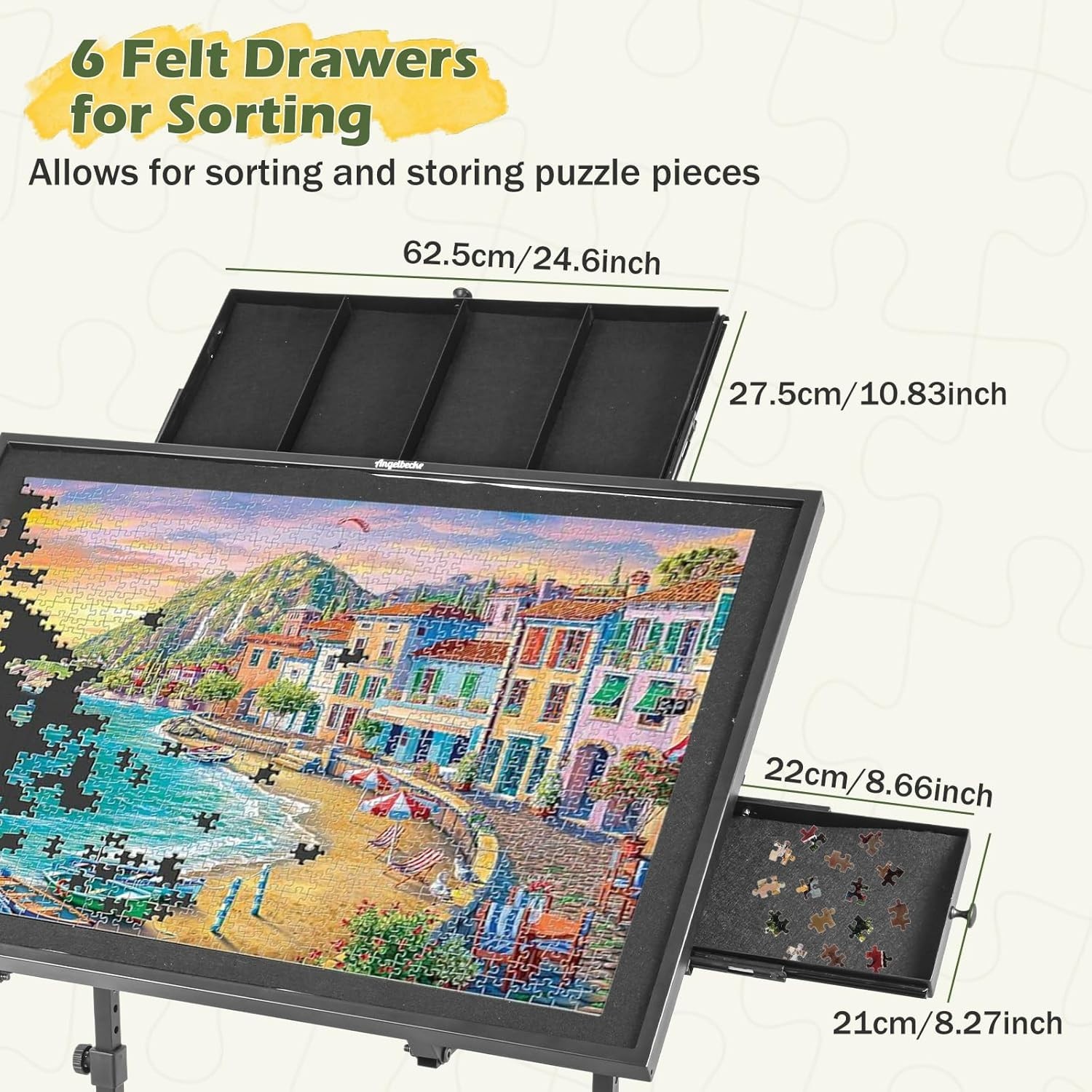 1500 Piece Adjustable Height Tilt Jigsaw Puzzle Table w/ Wheels Sorting Trays