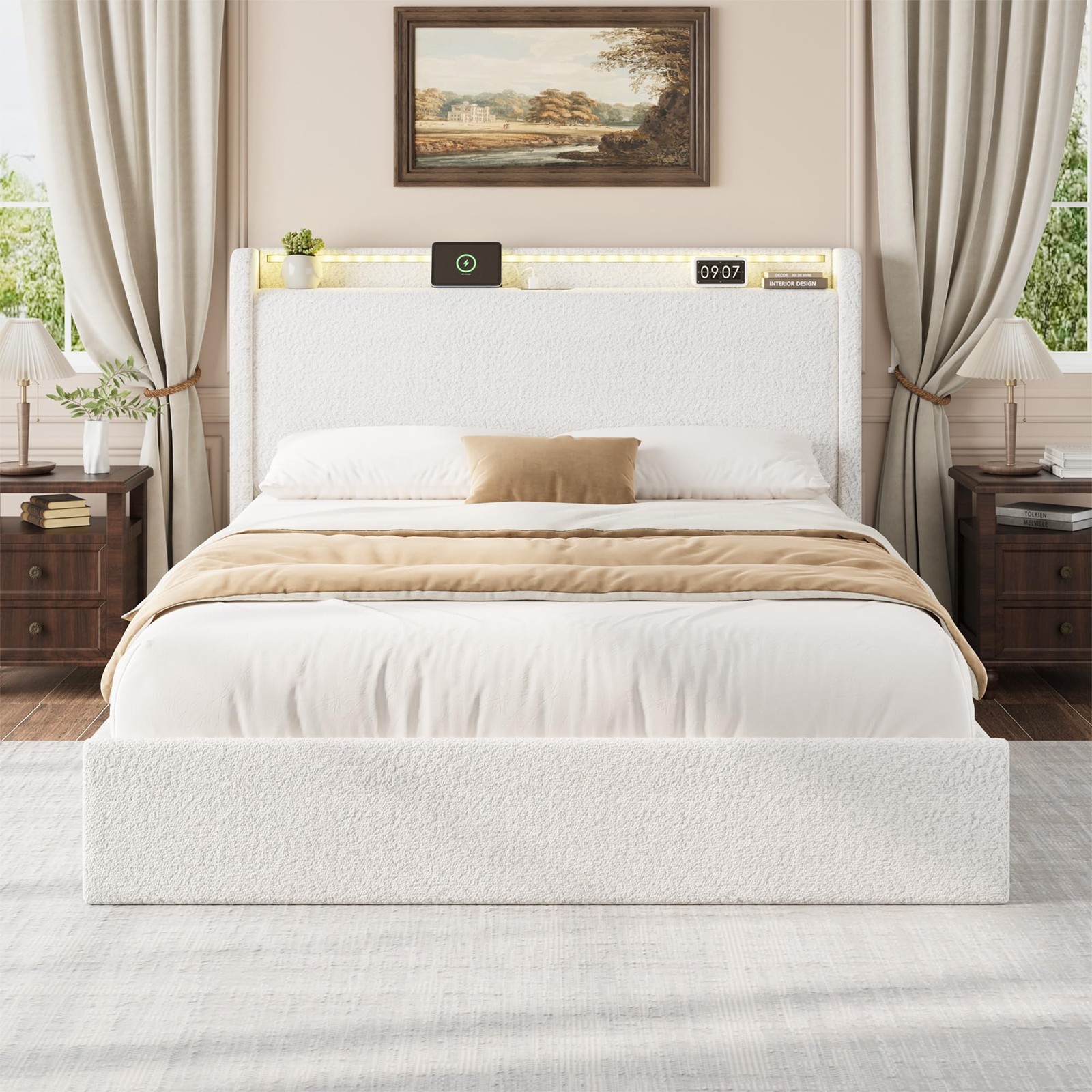 Upholstered Platform Bed Frame Boucle with Storage Headboard LED Charging