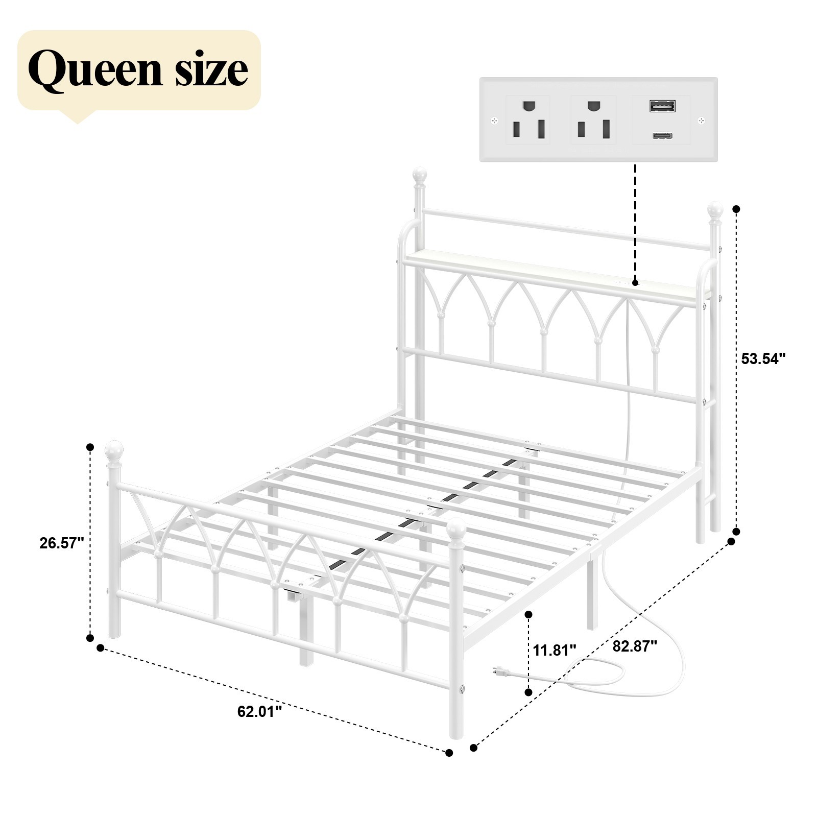 Queen Metal Bed Frame with Charging Station, Headboard storage space,LED Lights.