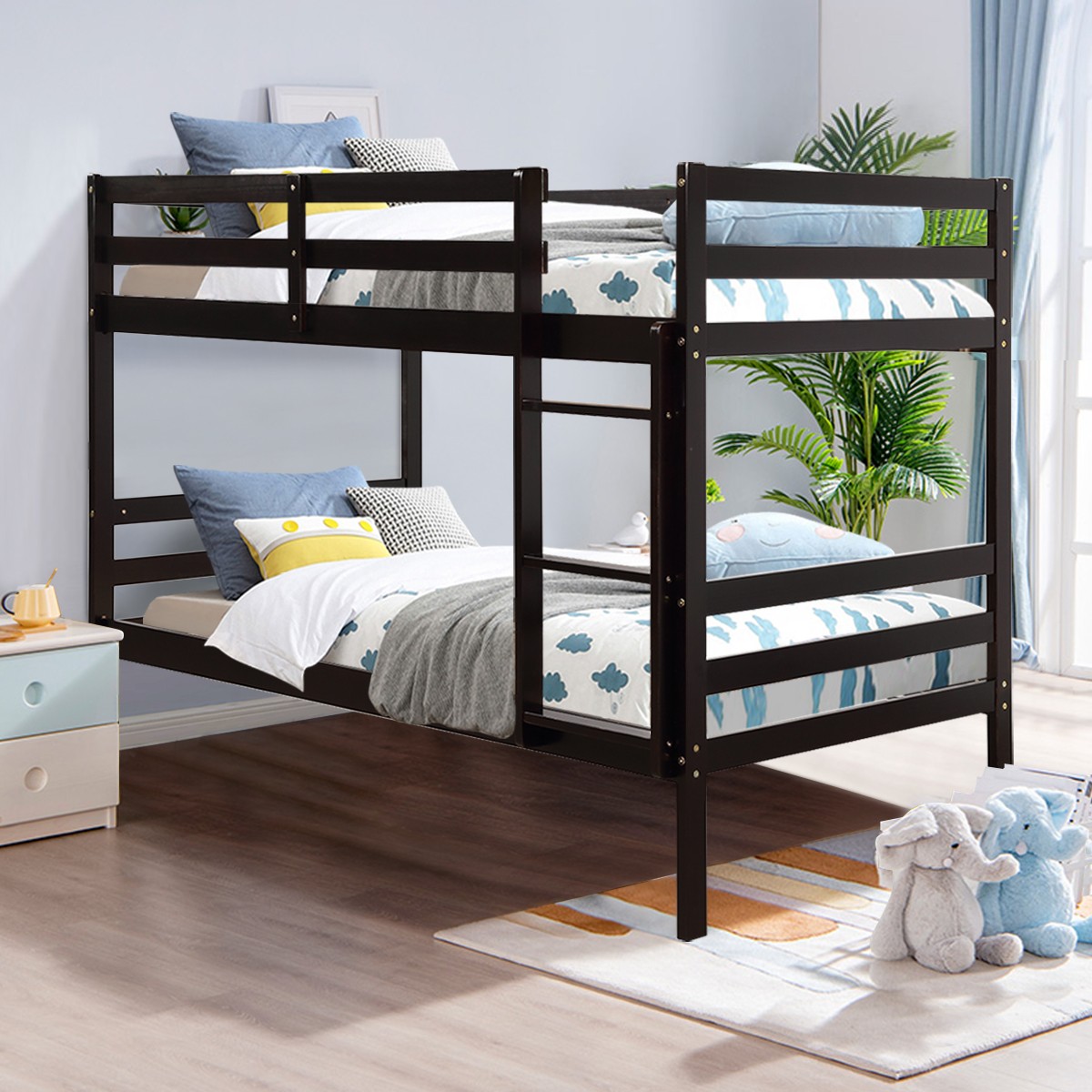 Twin Over Twin Wood Bunk Beds W/Ladder & Safety Rail Pine Wood Bunk Bed Espresso