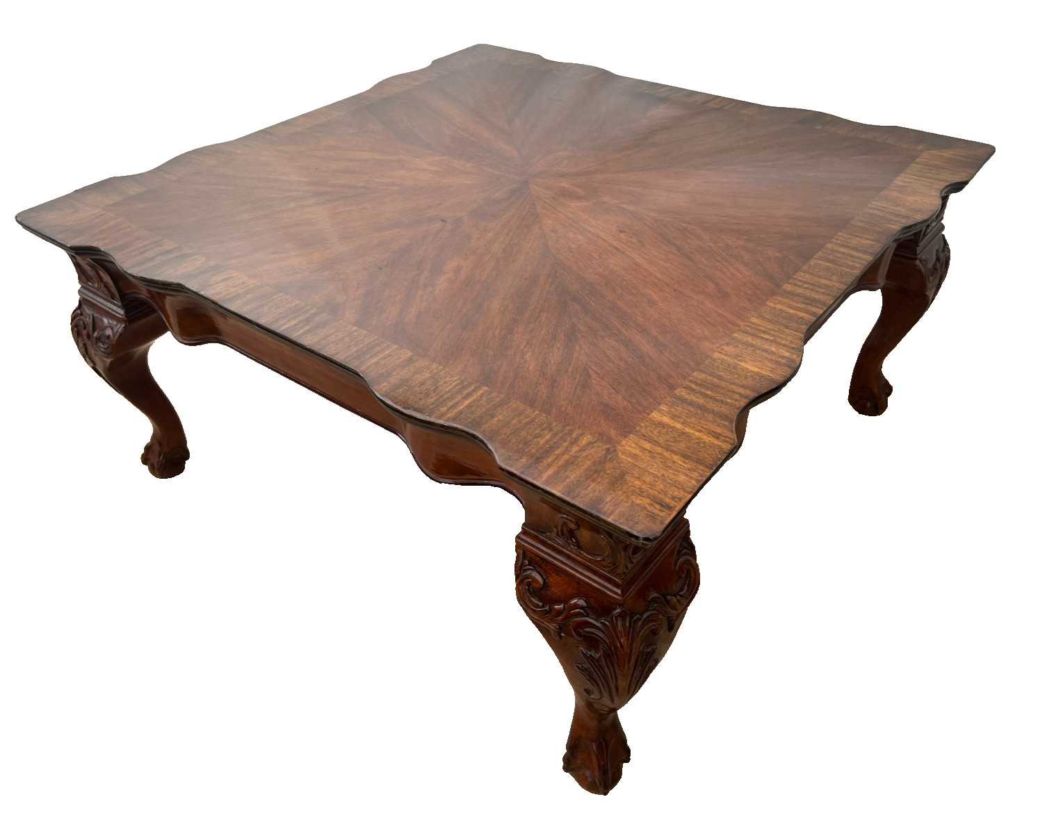 Vintage Cocktail Coffee Table Ball Claw Legs Large Square Shape Chippendale