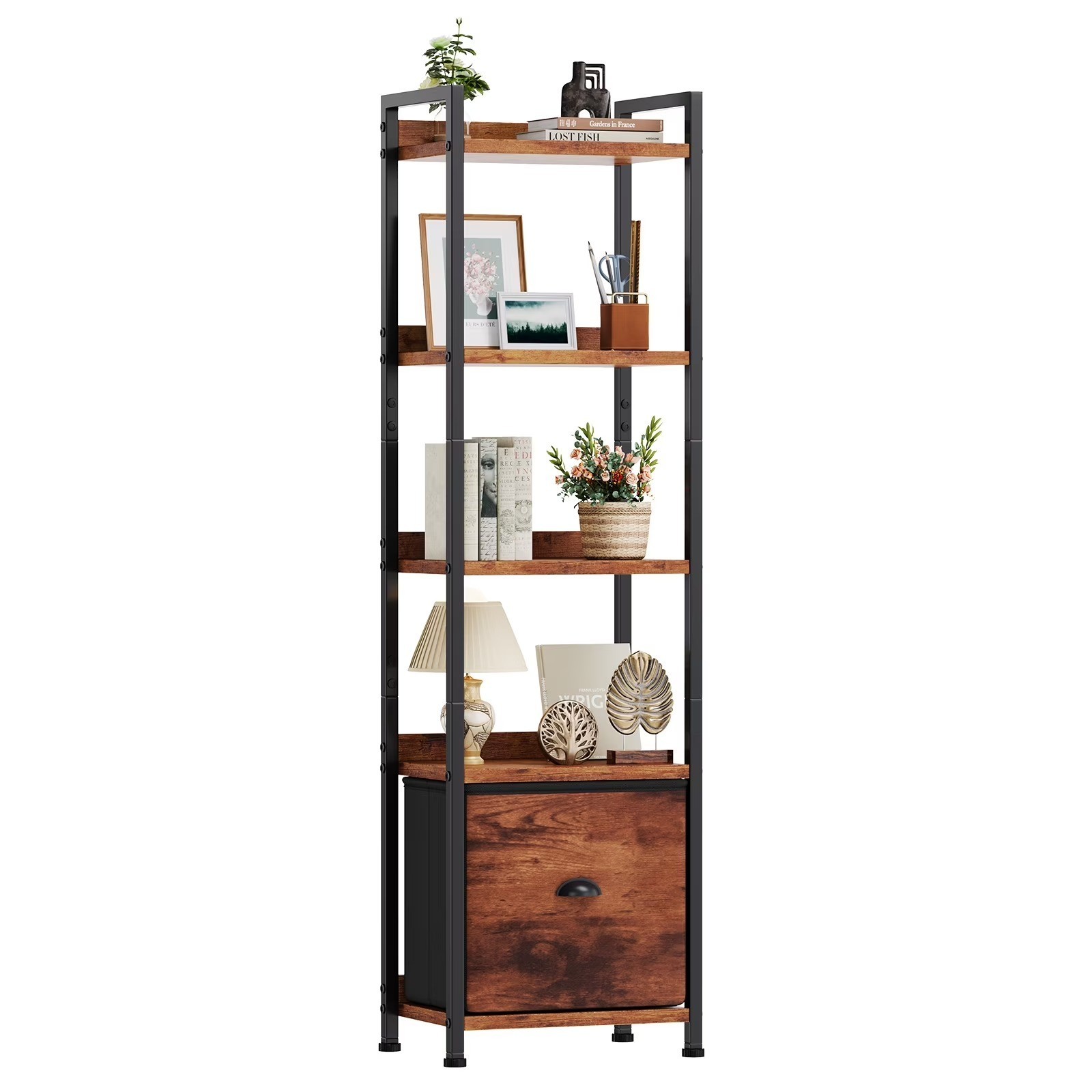 Narrow 5-Tier Bookshelf Fabric Drawer 150lb Industrial Metal Wood Rustic Brown