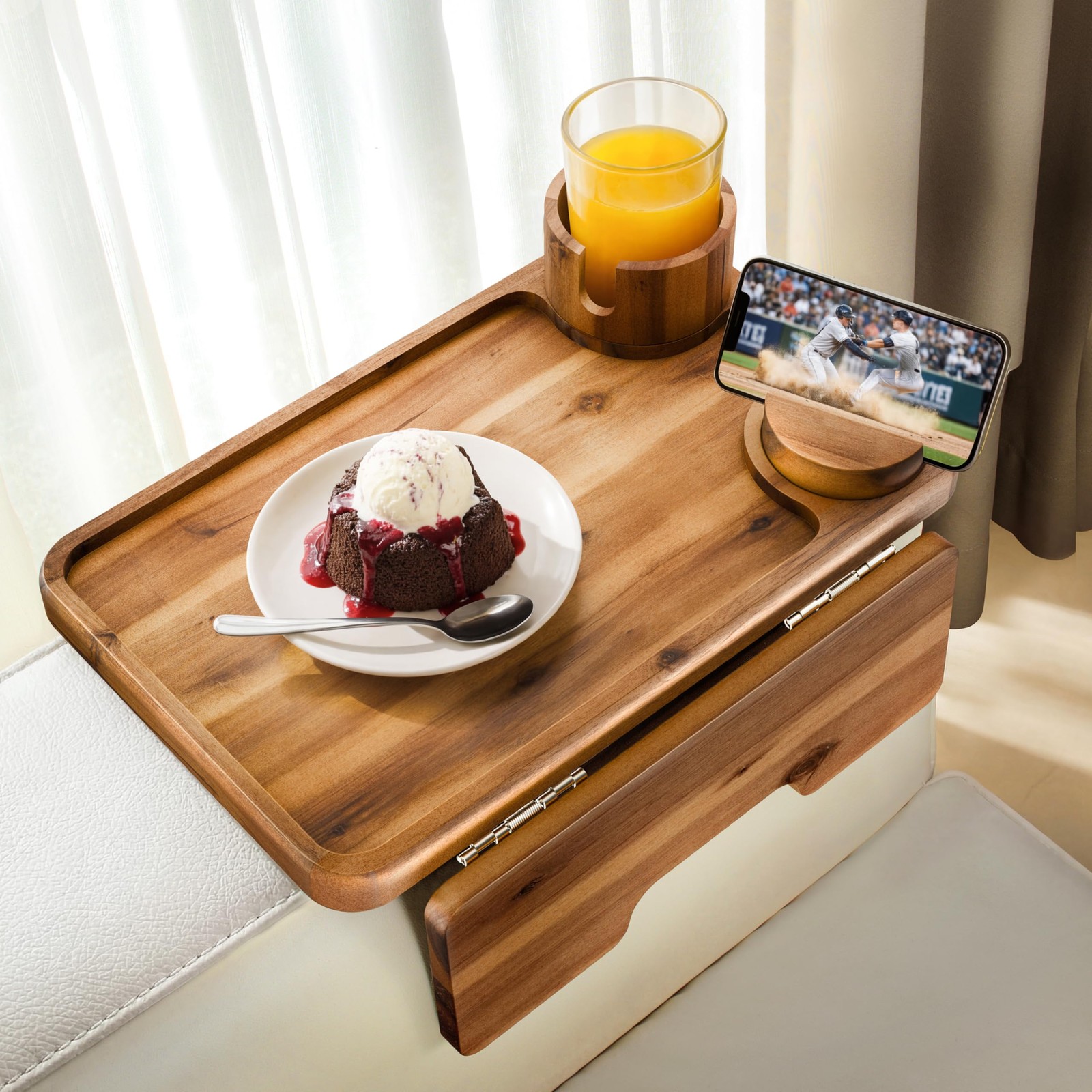 Acacia Wood Couch Arm Tray Cup Phone Holder ClipOn Sofa Caddy 15.74×9.8 Inch