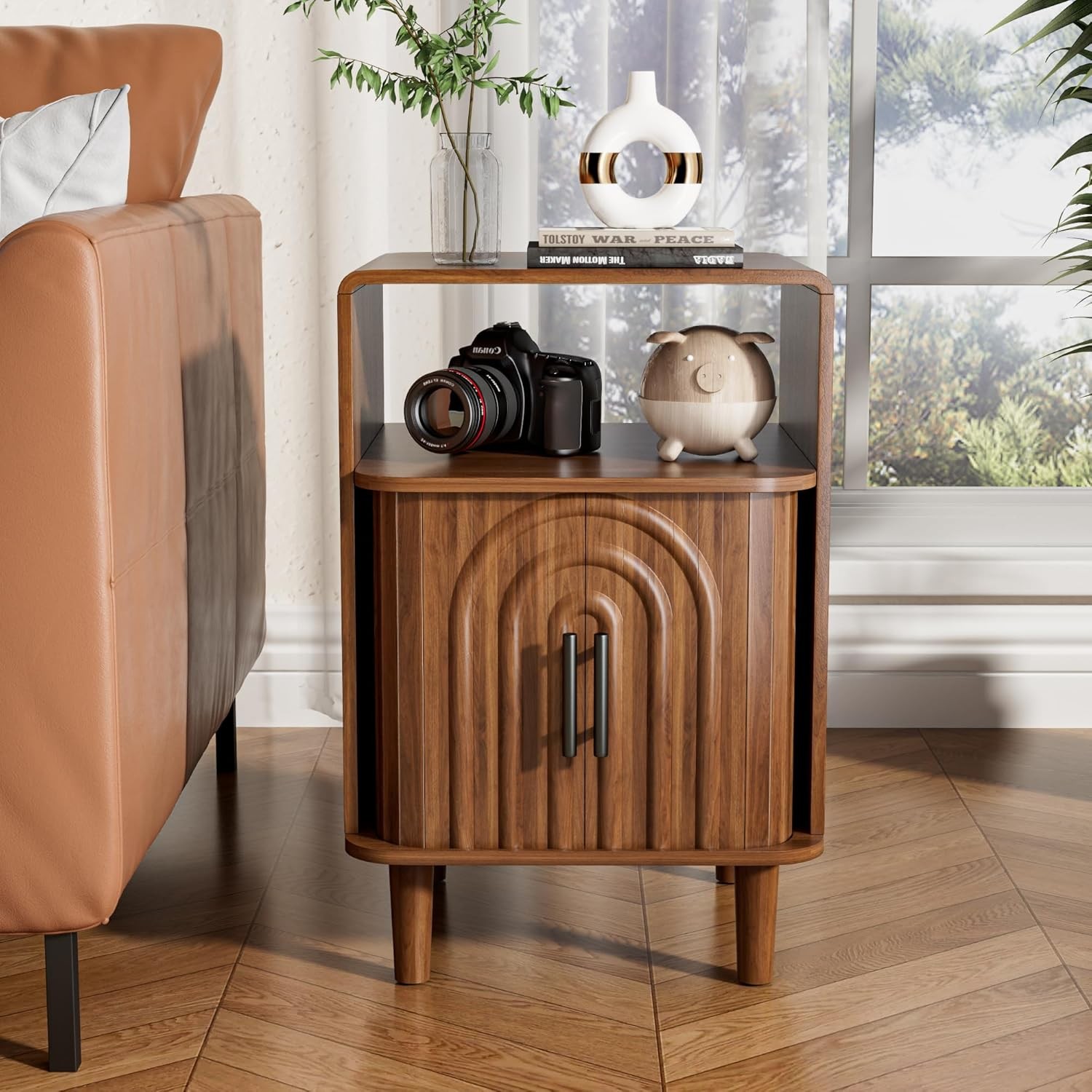 Nightstand Set of 2, Small Bedside Table with Door, Fluted Side Table