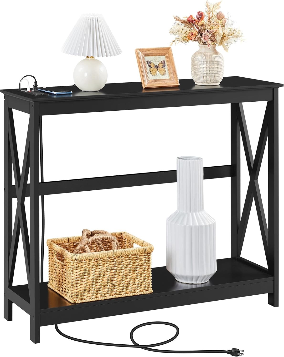 Narrow Console Table With Outlets USB Ports X Frame Entryway Sofa Side Table