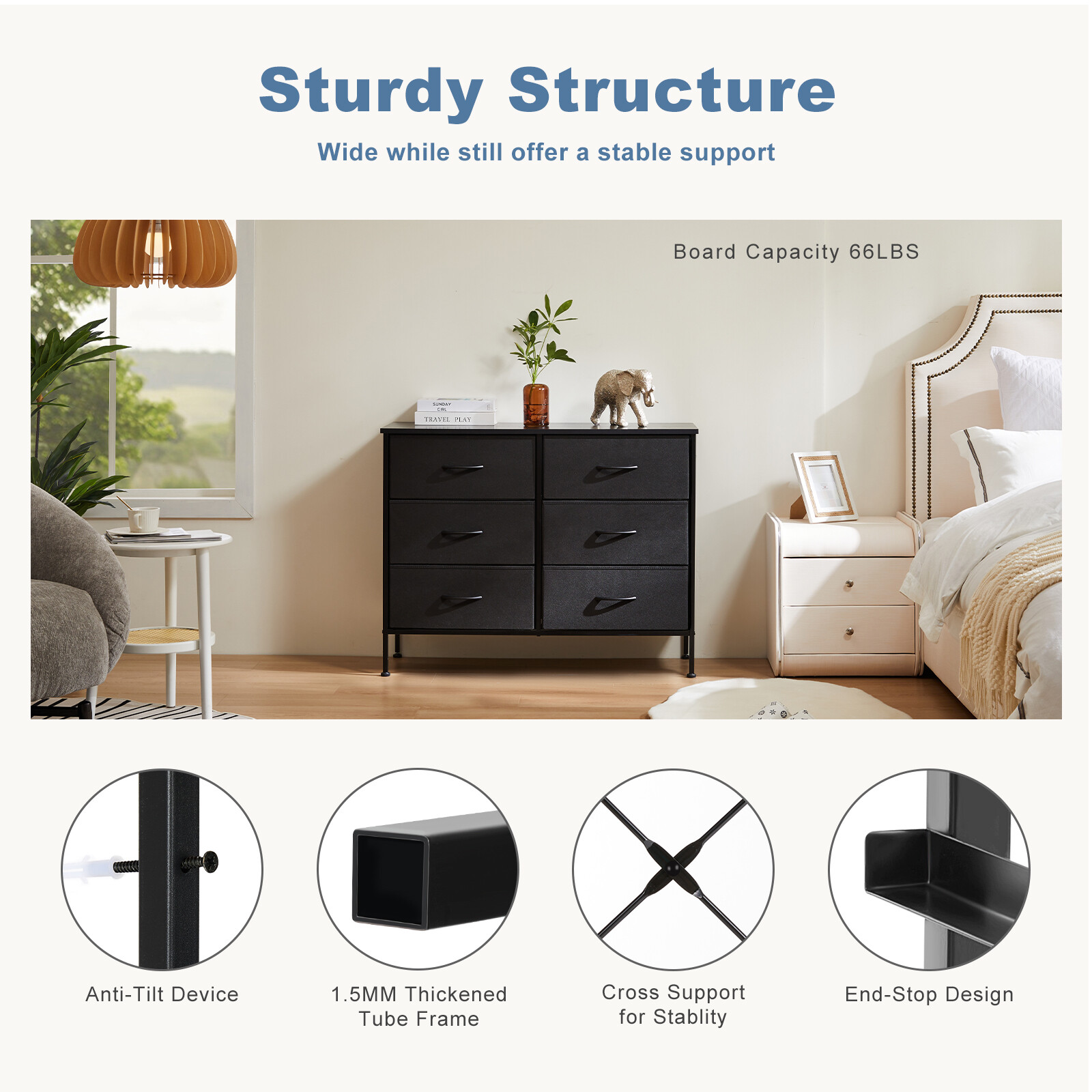 6-Drawer Dresser for bedroom Organizer w/ Fabric Bins, Steel Frame and Wood Top