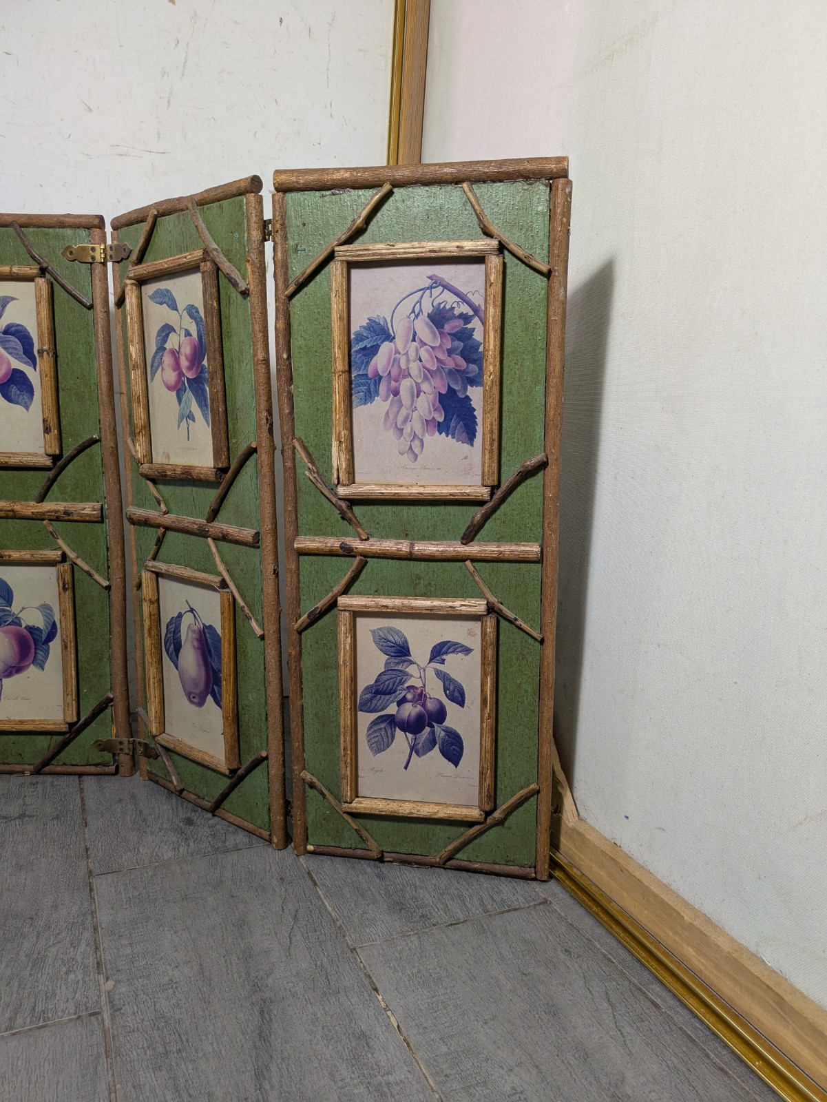 Vintage Rustic Twig Table Top 3-Panel Folding Screen Victorian Boho Chic Asian