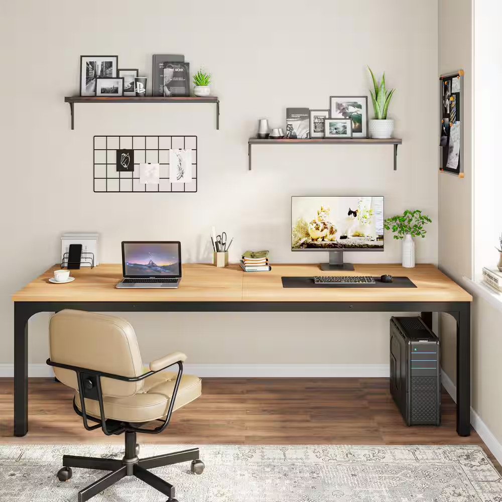 Moronia 78.7 In. Rectangular Light Walnut and Black Wood 2 Person Computer Desk